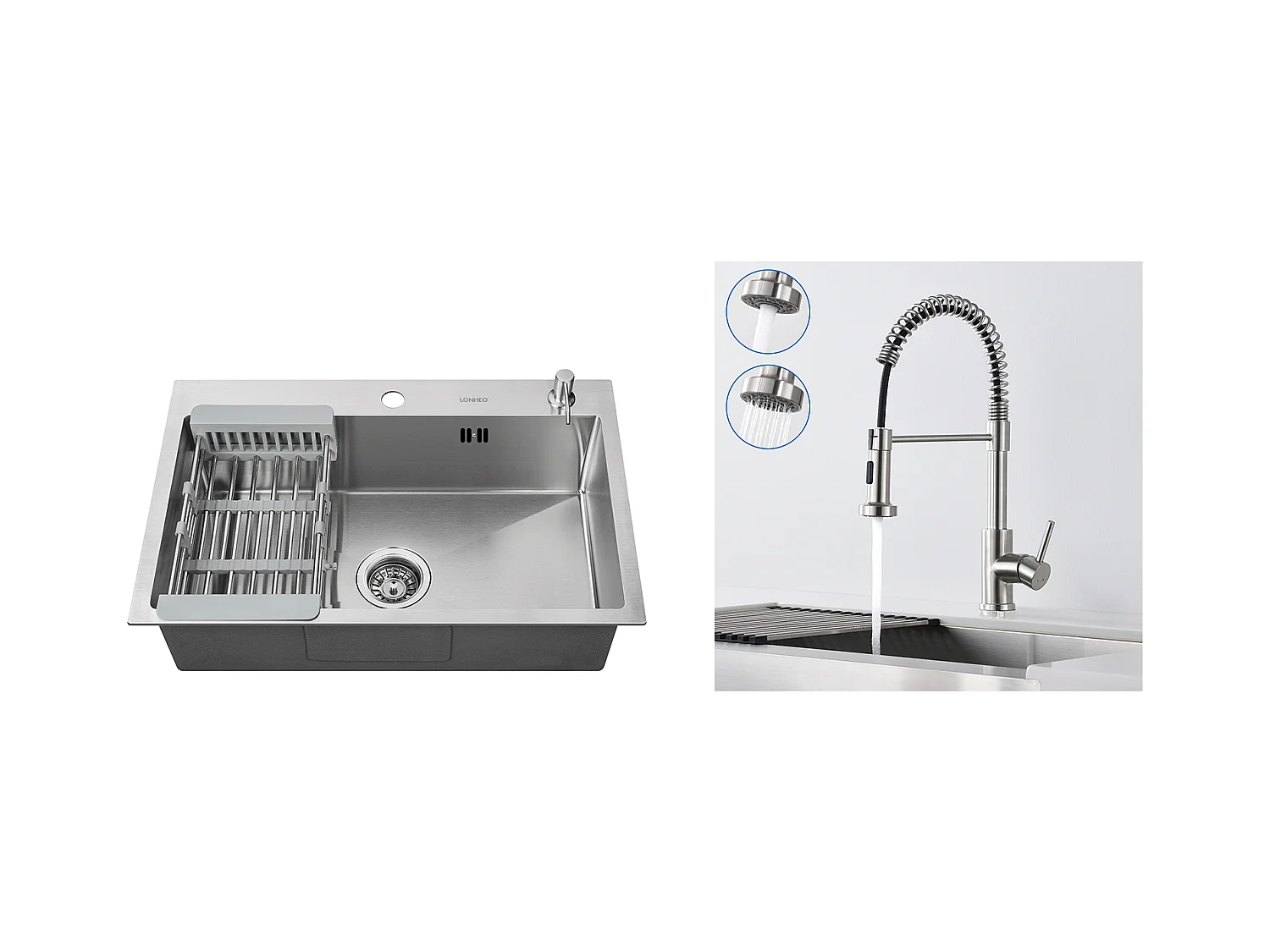 2in1 Aanrecht Keuken RVS Geborsteld 68x45x19CM met Zeepdisspenser / Afdruiprekmand + Veerkeukenkraan met Uitschuifbare Handdouche, 2 Modi