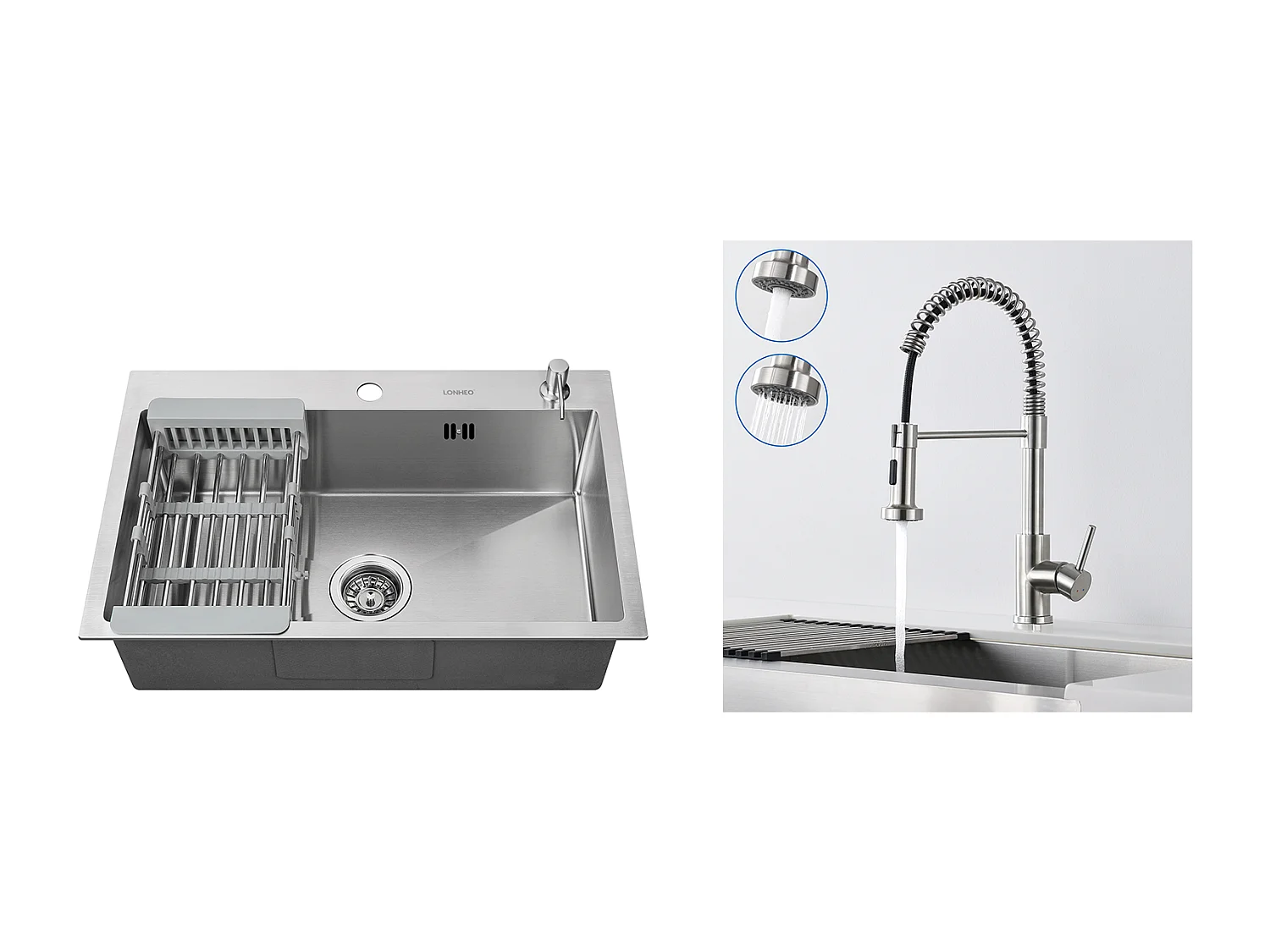 2en1 Évier Cuisine INOX Brossé 68x45x19CM avec Distrubuteur savon /Égouttoir panier+Robinet Cuisine à Ressort avec Douchette Extensible,2 Modes