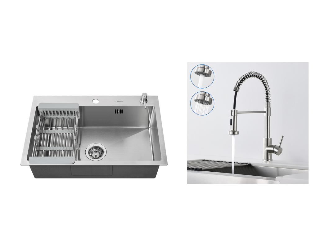2in1 Aanrecht Keuken RVS Geborsteld 68x45x19CM met Zeepdisspenser / Afdruiprekmand + Veerkeukenkraan met Uitschuifbare Handdouche, 2 Modi