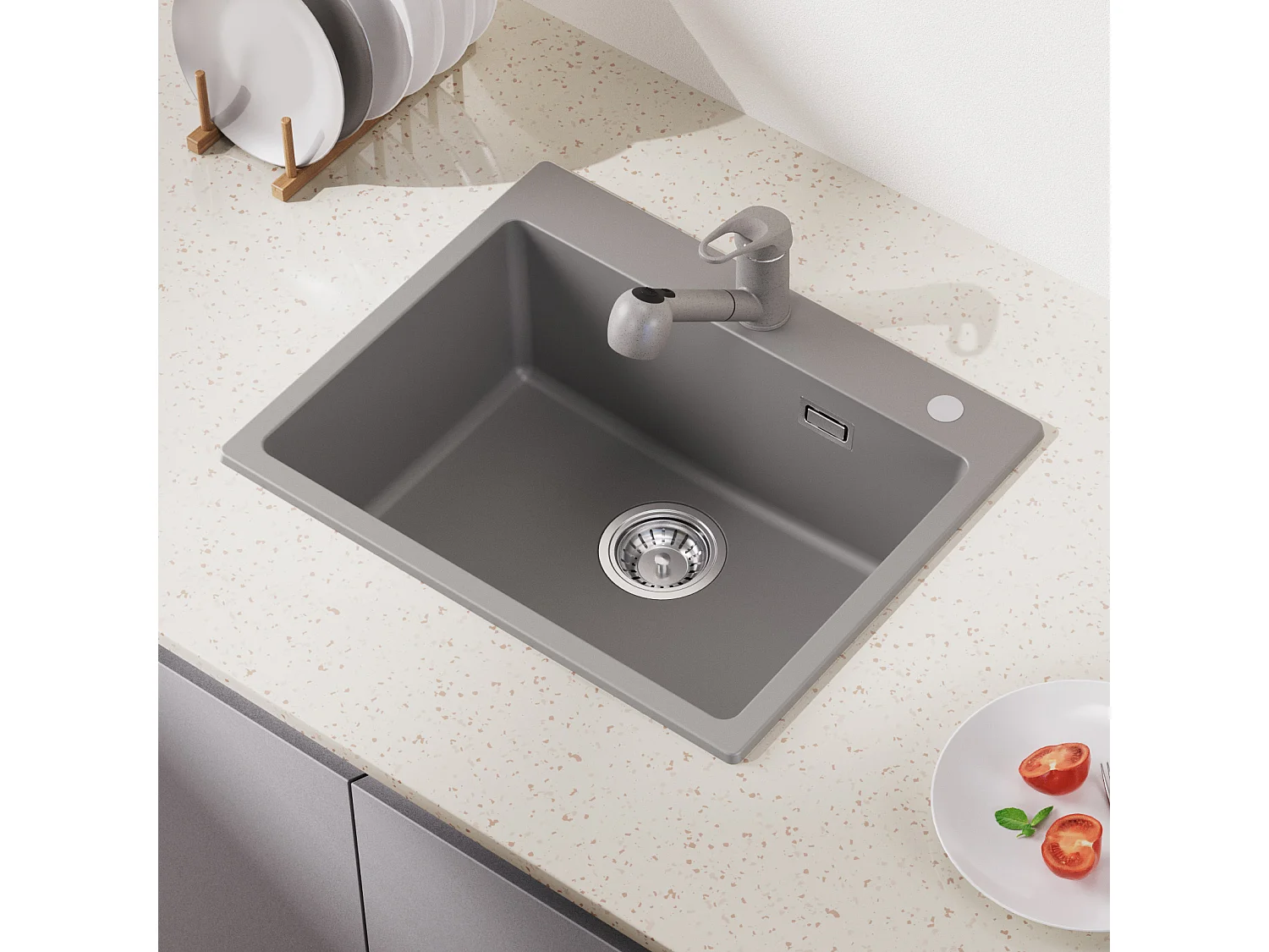 1 Granieten Aanrechtbak, 55*45*20cm, Afvoerset, Grijs++ KeukenmengkraanNe met Uittrekbare Handdouche Donkergrijs 360 ° Draaibaar