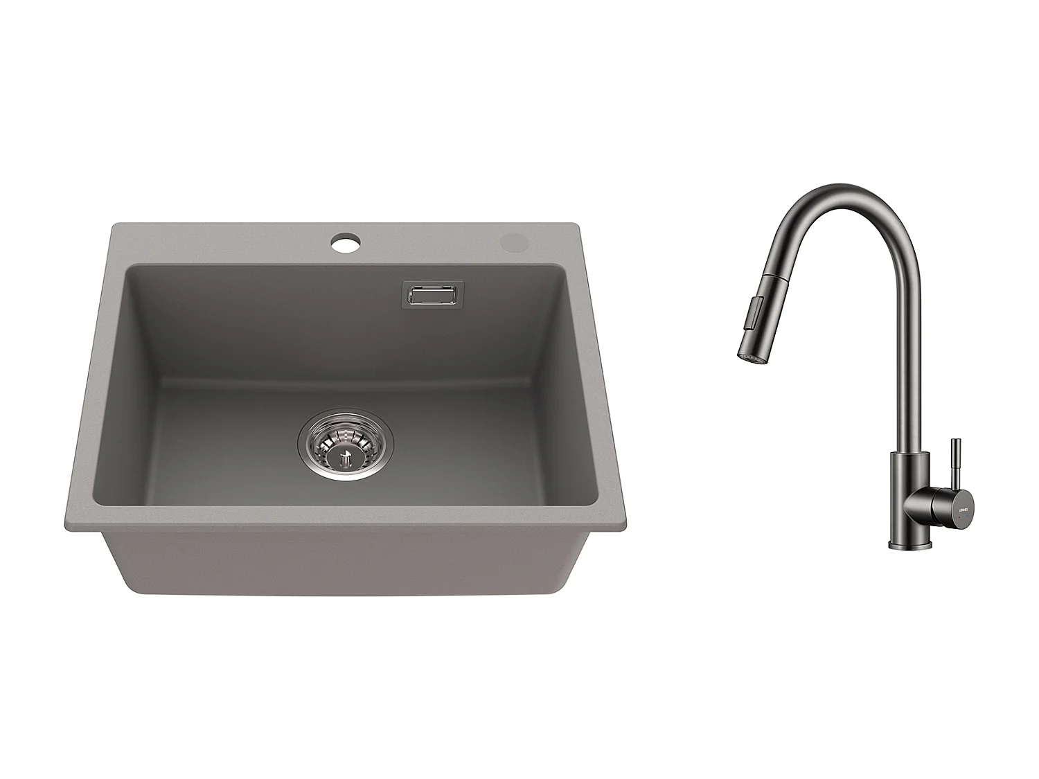 1 Bac Évier Cuisine en Granit,55*45*20cm,Kit de Vidage,Gris++Mitigeur de Cuisine avec Douchette Extractible Gris Foncé Rotatif 360 °