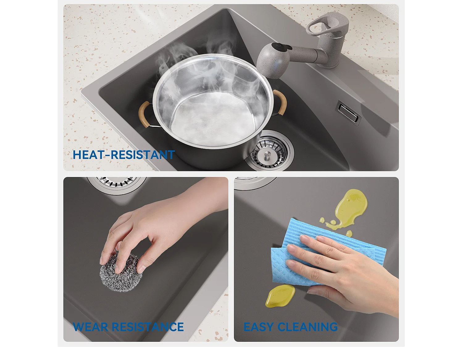 1 Bac Évier Cuisine en Granit,55*45*20cm,Kit de Vidage,Gris++Mitigeur de Cuisine avec Douchette Extractible Gris Foncé Rotatif 360 °