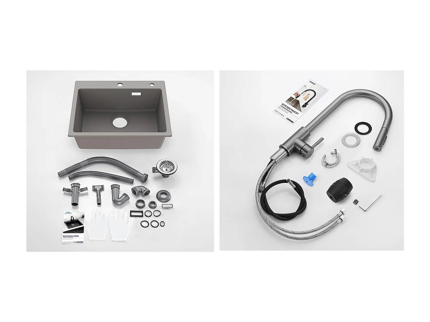 1 Bac Évier Cuisine en Granit,55*45*20cm,Kit de Vidage,Gris++Mitigeur de Cuisine avec Douchette Extractible Gris Foncé Rotatif 360 °