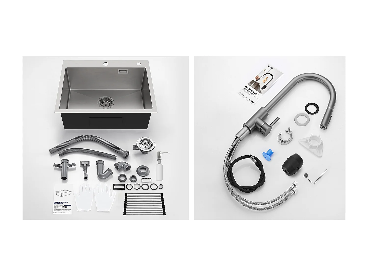 Aanrecht 1 Geborstelde Bak, 58*45*18CM, Oprolbare Afdruiprek, Zeepdispenser + Keukenmengkraan met Uittrekbare Handdouche Donkergrijs