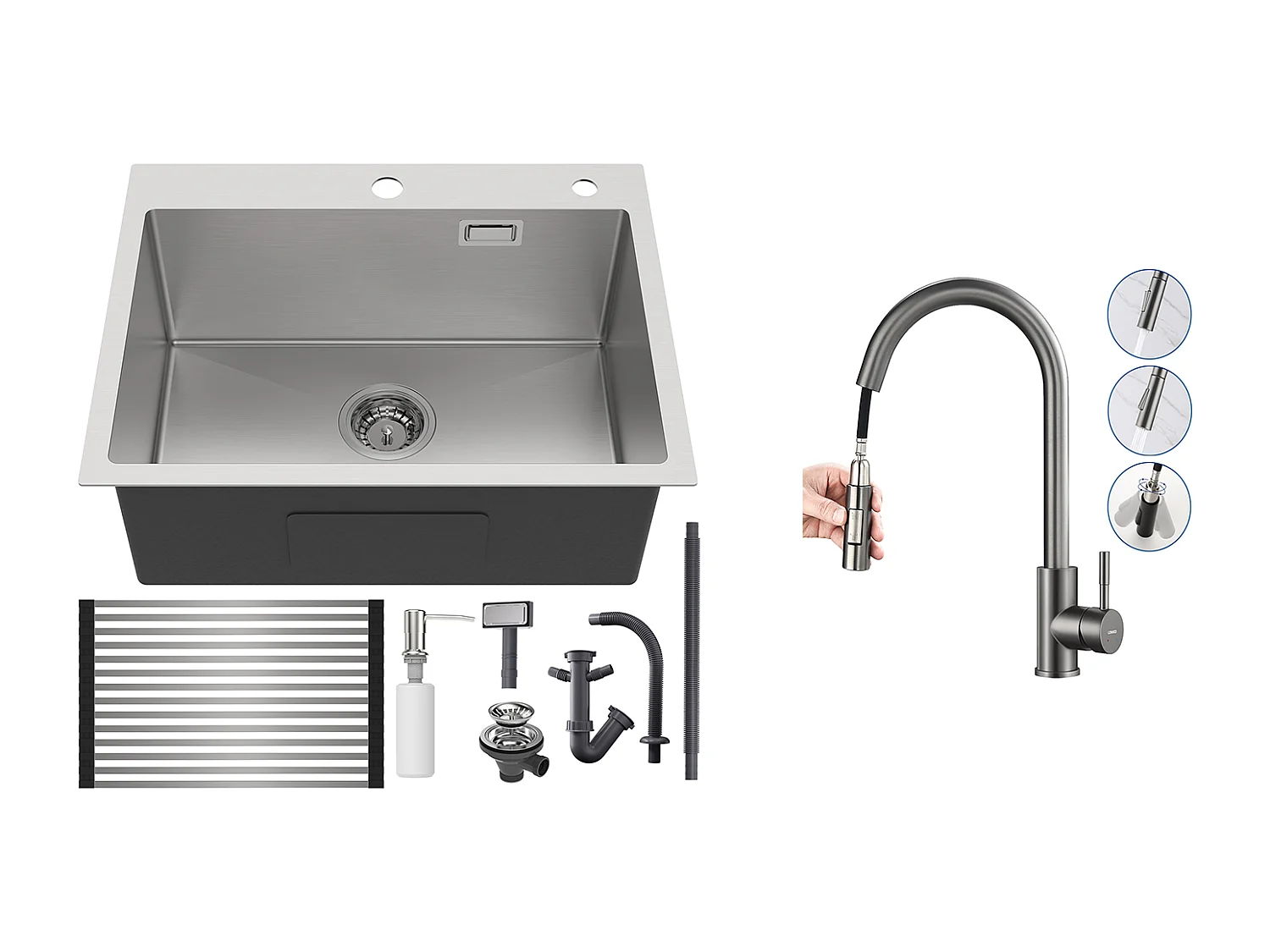 Aanrecht 1 Geborstelde Bak, 58*45*18CM, Oprolbare Afdruiprek, Zeepdispenser + Keukenmengkraan met Uittrekbare Handdouche Donkergrijs