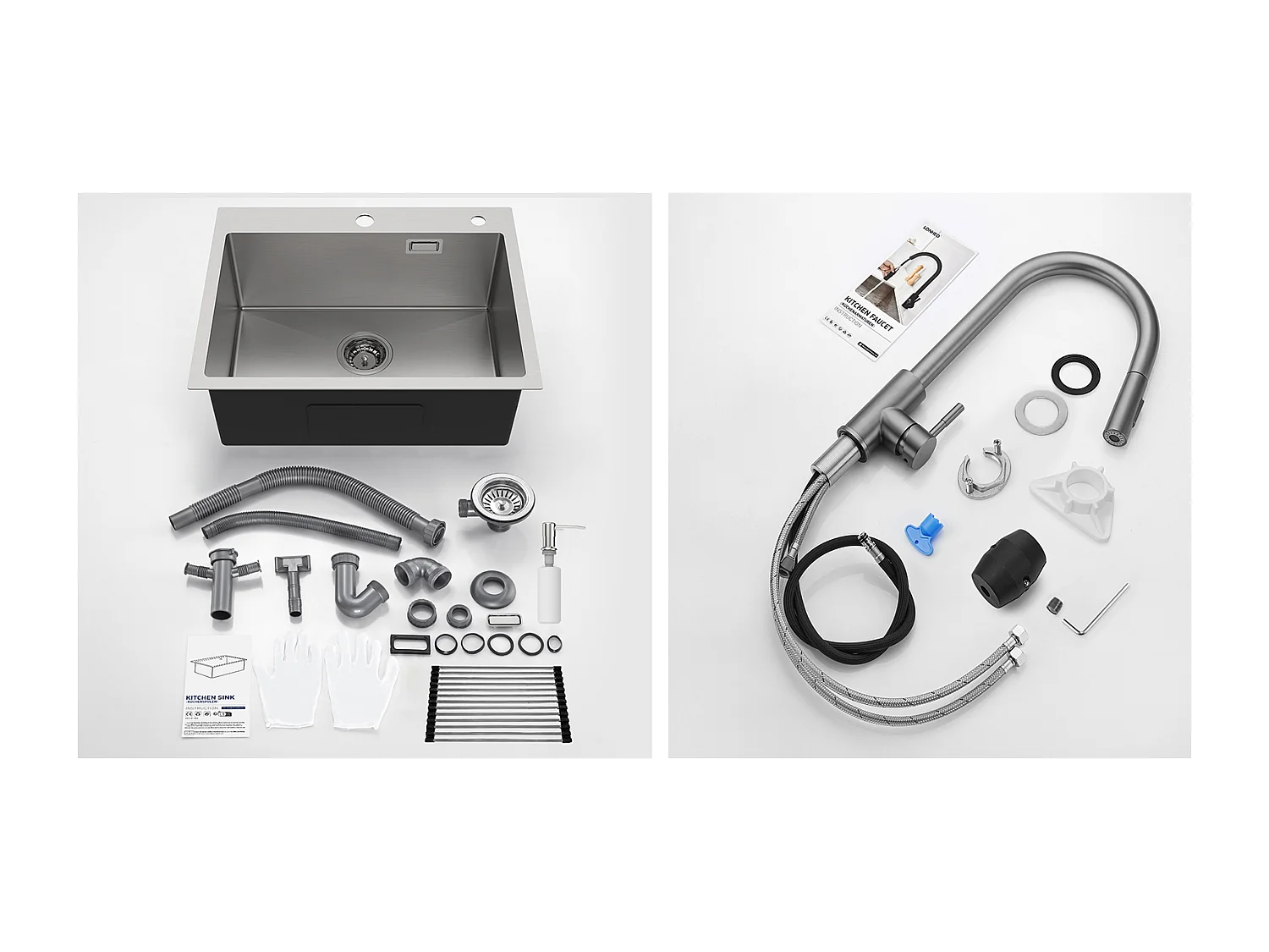 Aanrecht 1 Geborstelde Bak, 58*45*18CM, Oprolbare Afdruiprek, Zeepdispenser + Keukenmengkraan met Uittrekbare Handdouche Donkergrijs