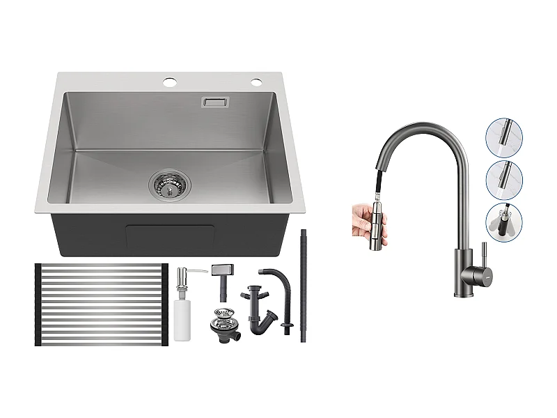 Aanrecht 1 Geborstelde Bak, 58*45*18CM, Oprolbare Afdruiprek, Zeepdispenser + Keukenmengkraan met Uittrekbare Handdouche Donkergrijs