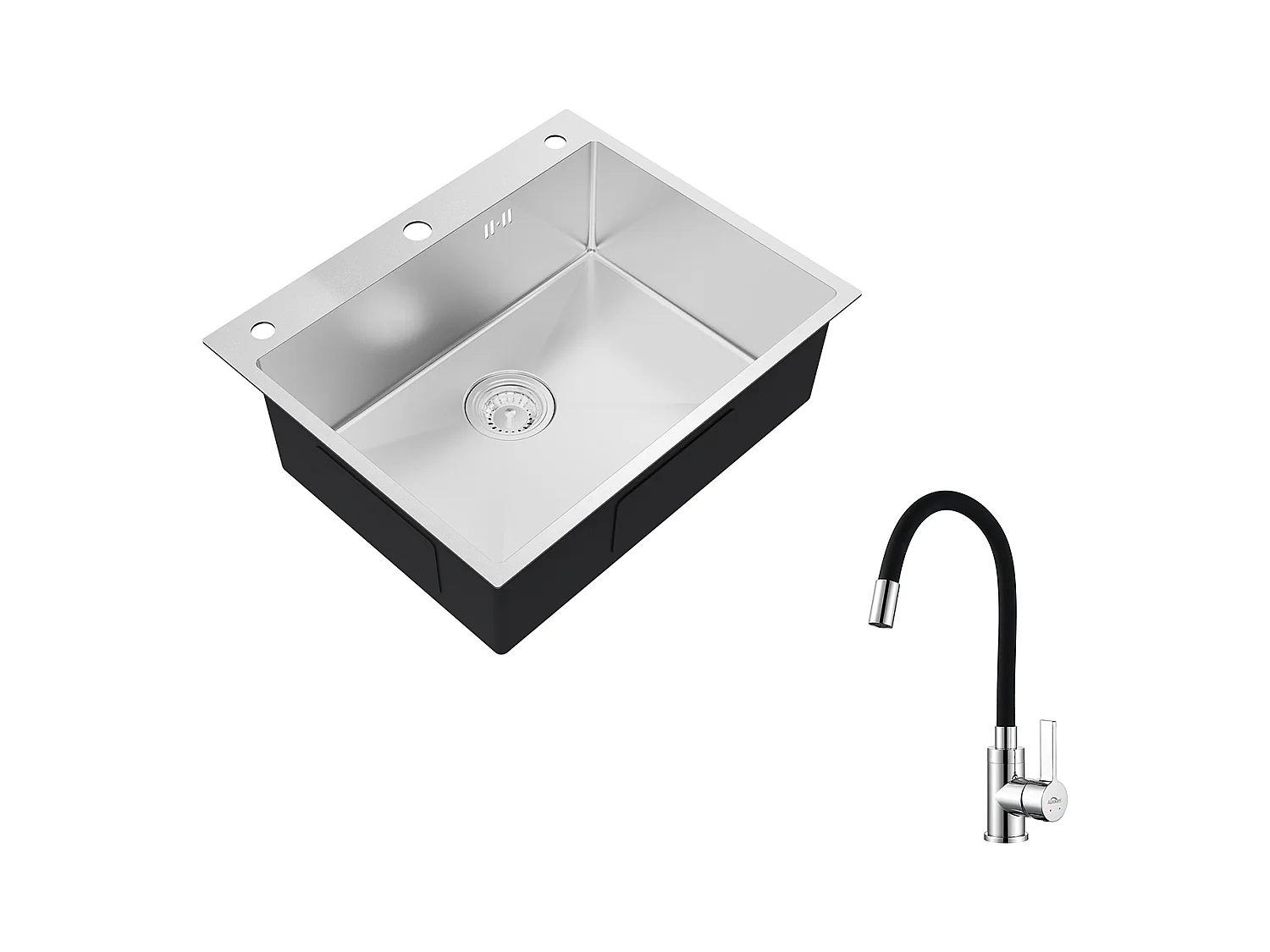 Auralum max Évier Cuisine à Encastrer,1 Bac,60*49*20CM,Évier 1 Cuve en Acier inoxydable 304,Silver+Robinet de Cuisine Flexible Bec Haut Orientable