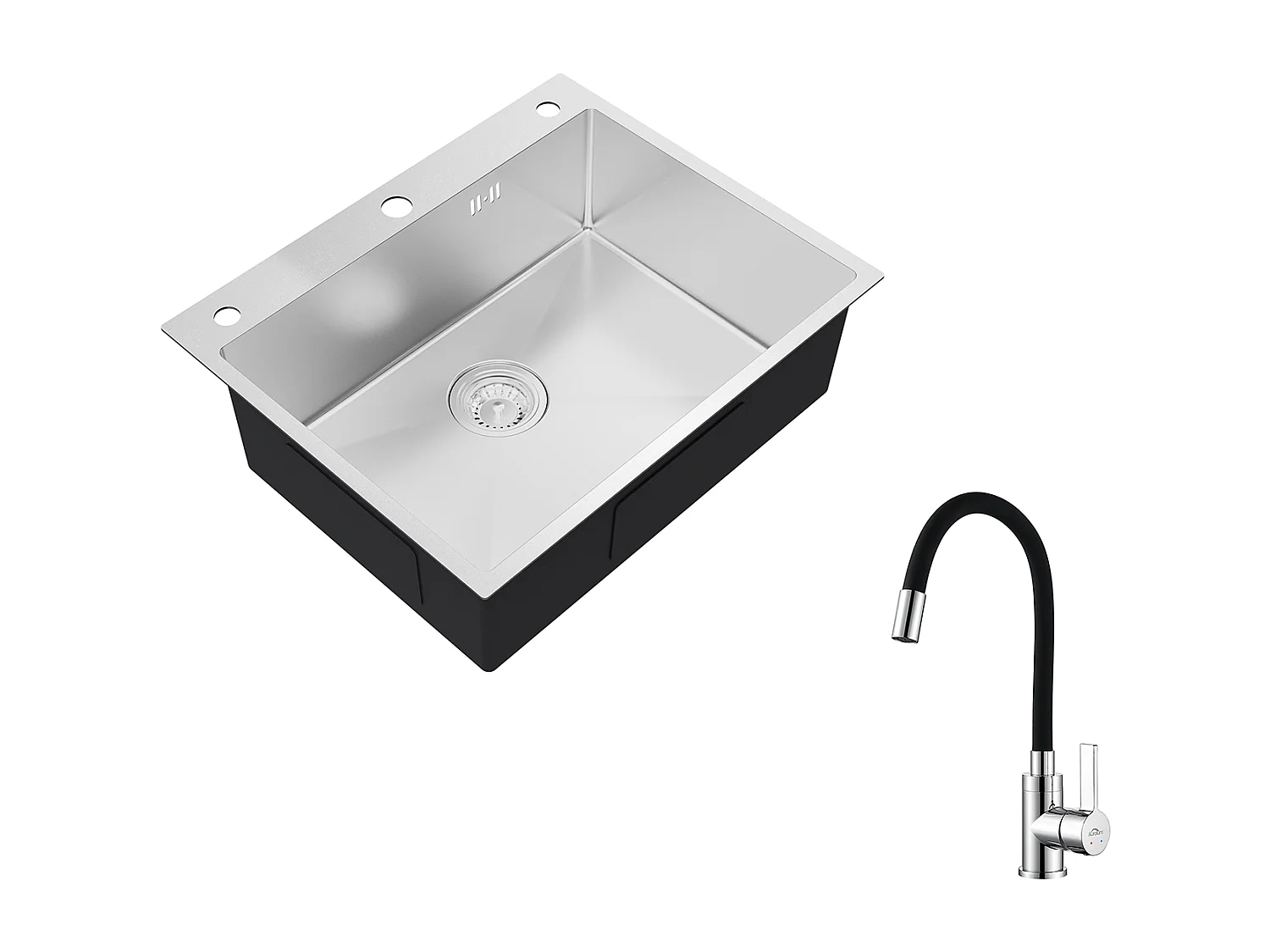 Auralum max Évier Cuisine à Encastrer,1 Bac,60*49*20CM,Évier 1 Cuve en Acier inoxydable 304,Silver+Robinet de Cuisine Flexible Bec Haut Orientable