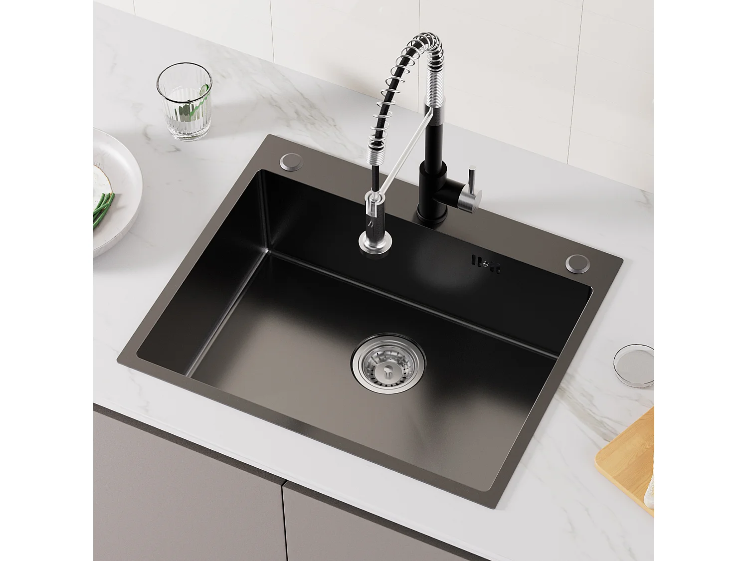 Auralum max Lavello cucina da incasso,1 vasca,60*49*20CM, in acciaio inossidabile 304,nero+rubinetto da cucina nero con doccetta estraibile,due getti