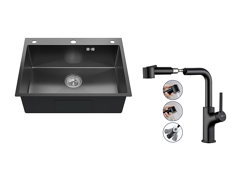 Auralum max Lavello cucina da incasso,1 vasca,60*49*20CM, in acciaio inossidabile 304,nero+rubinetto da cucina nero con doccetta estraibile,due getti