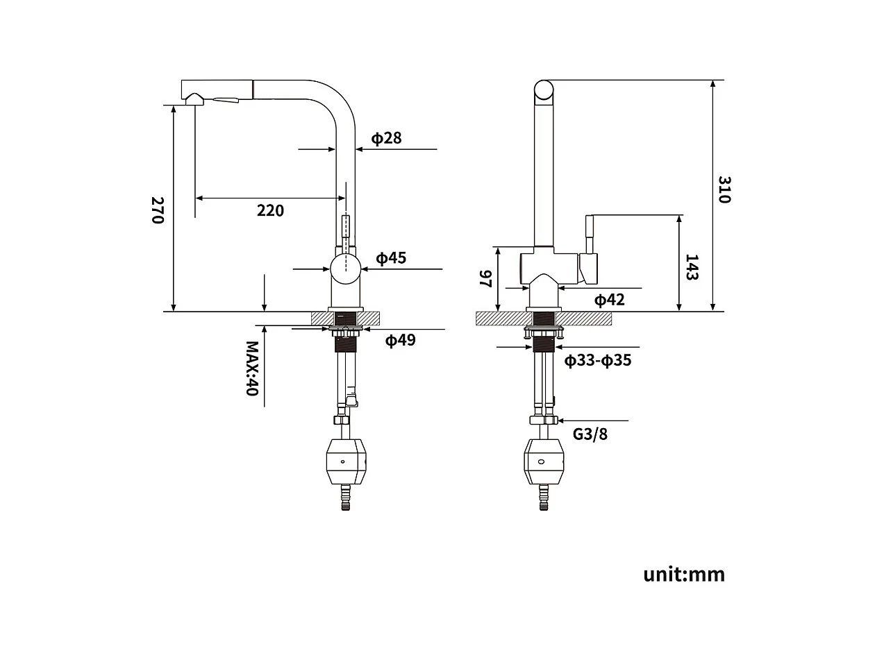60 x 44 x 20 cm Küchenspüle mit Einzelbecken, Edelstahl 304, Einbau-/Unterbauspüle mit Abtropfkorb, Nanosilber + Küchenarmatur mit ausziehbarer Brause, zwei Düsen