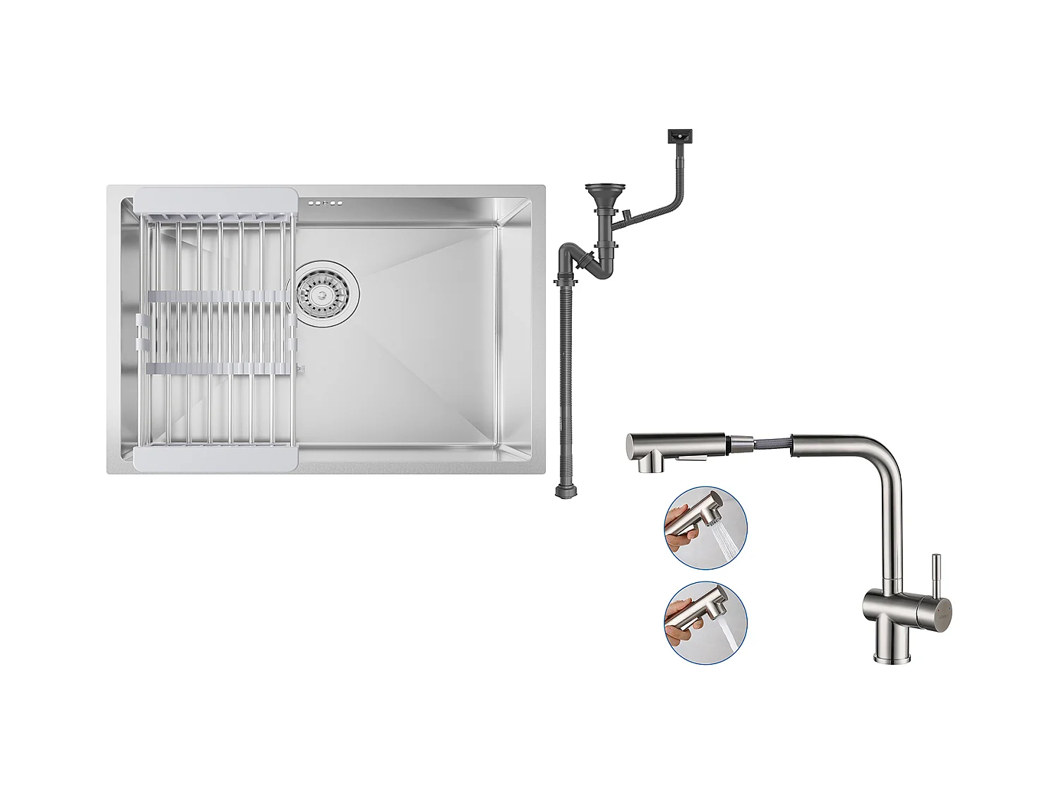 Évier Cuisine 1 Bac 60*44*20CM,inox 304,à Encastrer/sous-plan avec Panier Drainage,Nano Silver+Robinet Cuisine Douchette Extractible Deux Jets