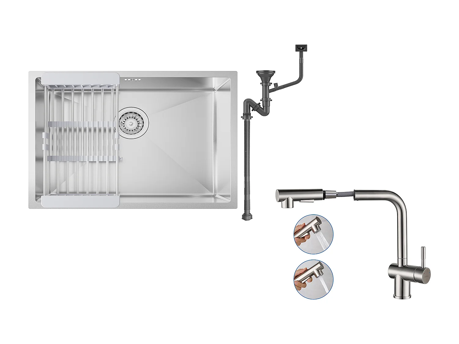 Aanrecht 1 Bak 60*44*20CM, roestvrij x 304, inbouw/ondergrond met afvoermand, Nano zilver + keukenkraan uittrekbare douche twee stralen