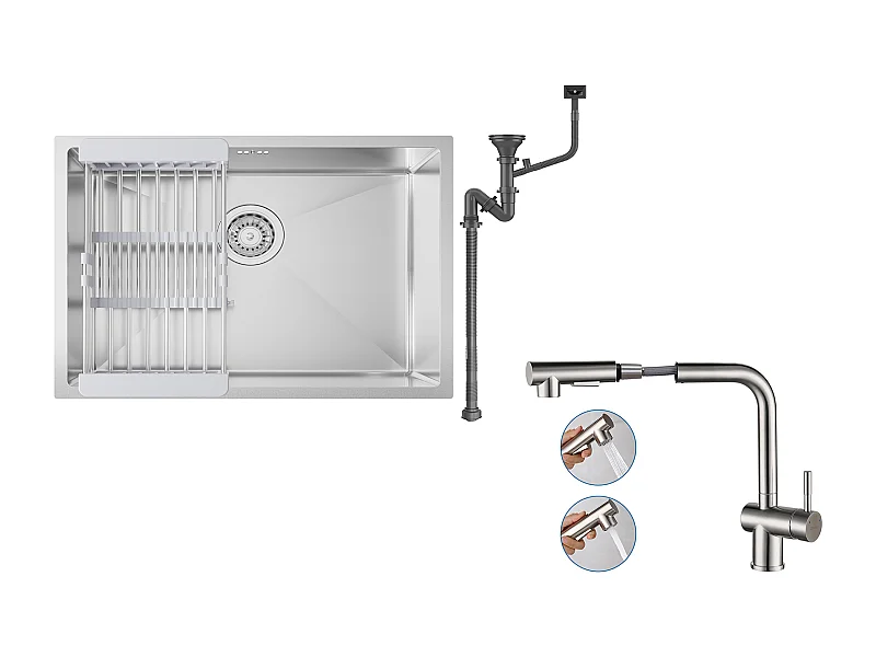 Évier Cuisine 1 Bac 60*44*20CM,inox 304,à Encastrer/sous-plan avec Panier Drainage,Nano Silver+Robinet Cuisine Douchette Extractible Deux Jets