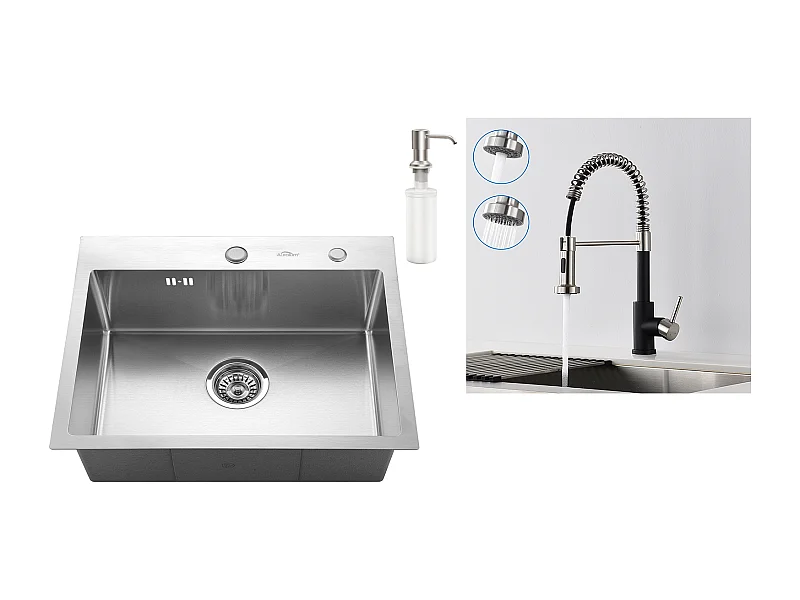 Fregadero Cocina 1Bandeja 55*45CM Fregadero Empotrado y Colocar con Dispensador Jabón+Grifo Cocina Resorte con Ducha Extensible,2 Modos,Negro