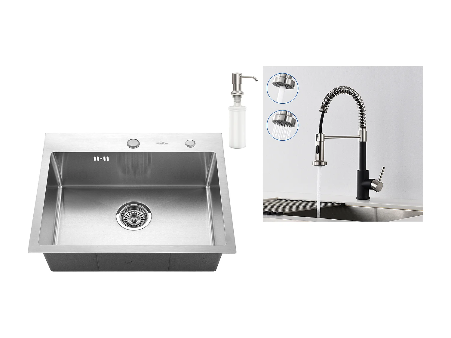 Aanrecht Keuken 1 Bak 55*45CM Inbouw AanrechtOp te zetten met zeepdispenser + keukenkraan veer met uitschuifbare handdouche, 2 modi, zwart