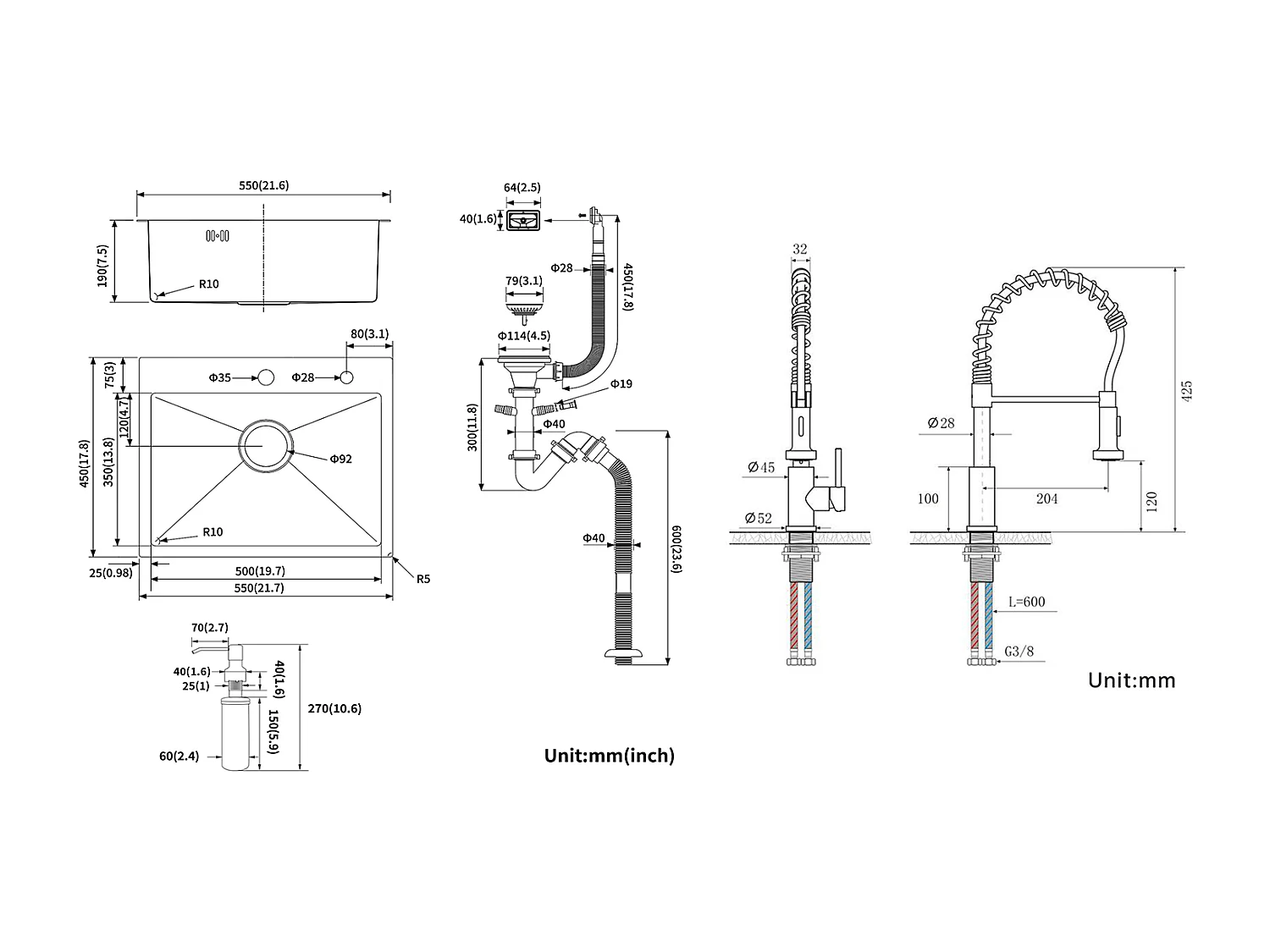 Aanrecht Keuken 1 Bak 55*45CM Inbouw AanrechtOp te zetten met zeepdispenser + keukenkraan veer met uitschuifbare handdouche, 2 modi, zwart