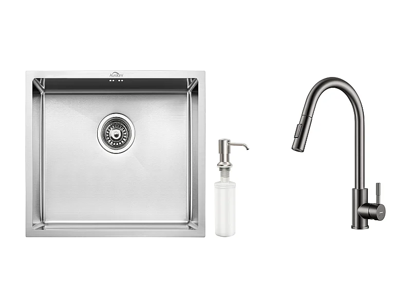 Évier de Cuisine Inox 1 Bac 50*43*18CM avec Distributeur de Savon+Robinet Cuisine Douchette Extractible Gris Foncé Rotatif 360 ° 