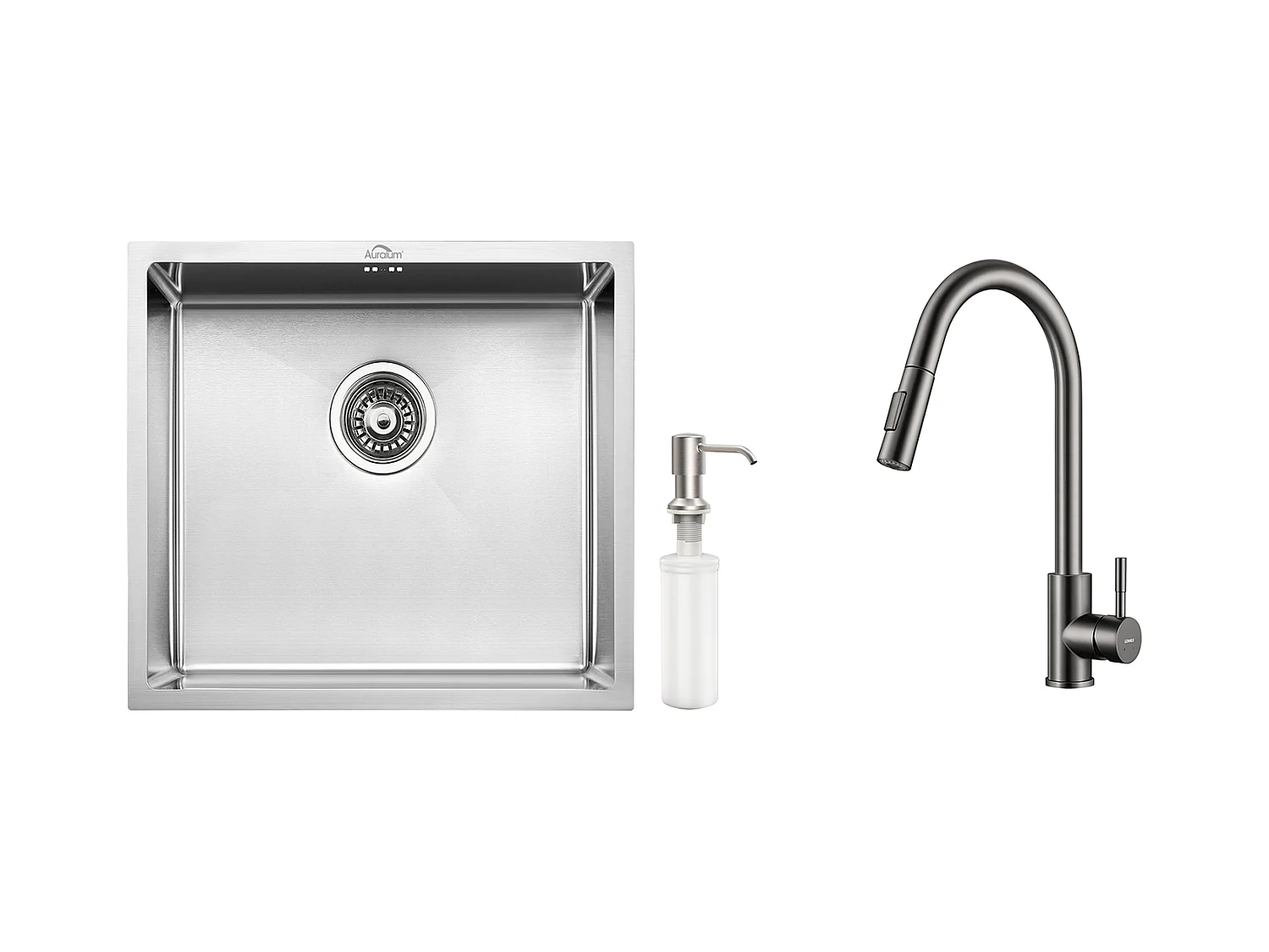 RVS Keukenspoelbak 1 Bak 50*43*18CM met Zeepdispenser+Kran Keukenkraan Uittrekbare Douchekop Donkergrijs 360 ° Draaibaar