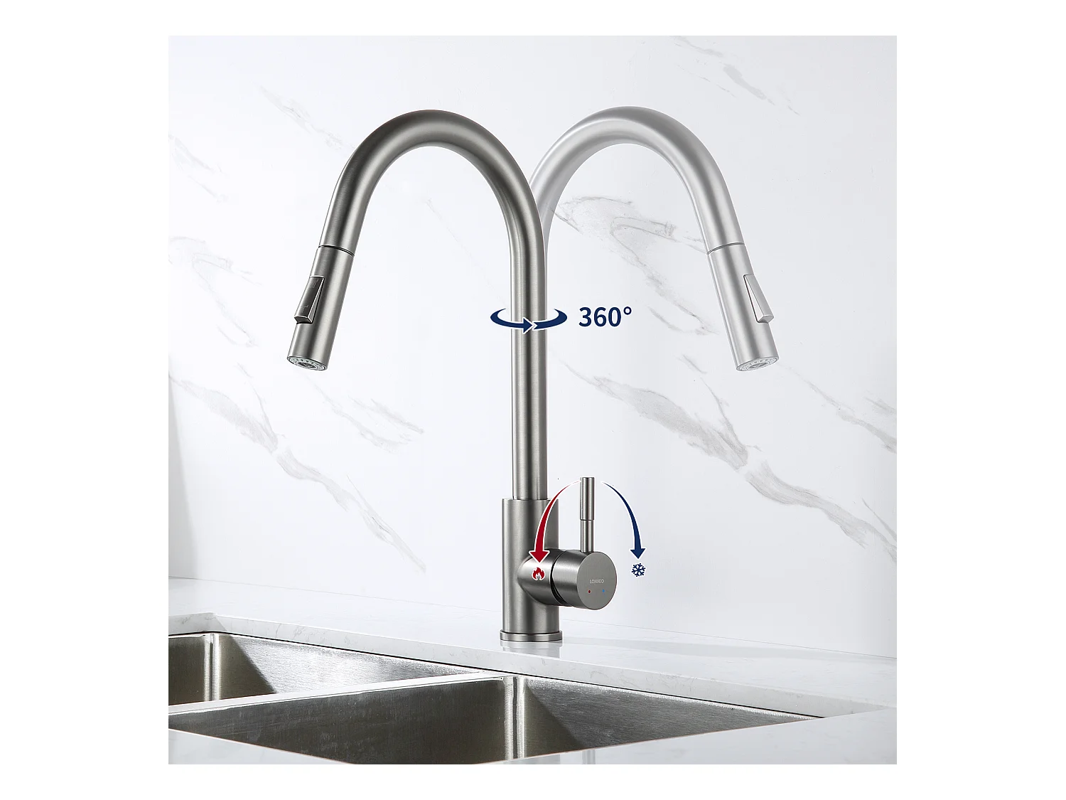 RVS Keukenspoelbak 1 Bak 50*43*18CM met Zeepdispenser+Kran Keukenkraan Uittrekbare Douchekop Donkergrijs 360 ° Draaibaar