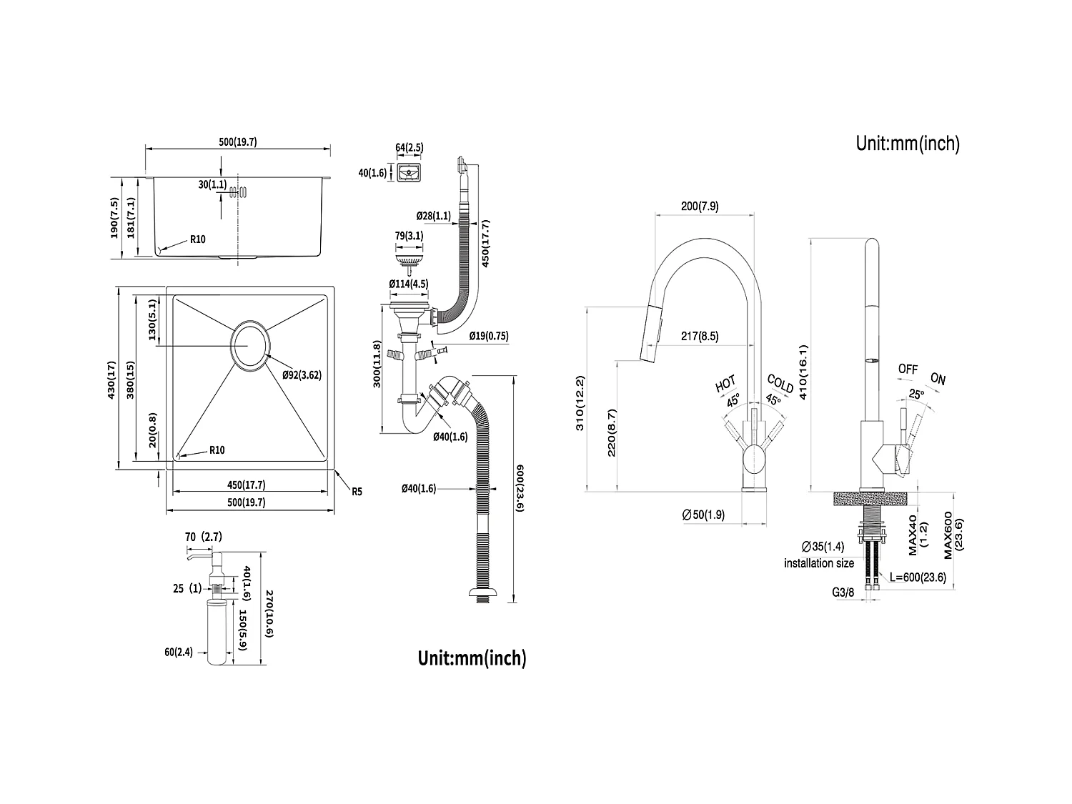 RVS Keukenspoelbak 1 Bak 50*43*18CM met Zeepdispenser+Kran Keukenkraan Uittrekbare Douchekop Donkergrijs 360 ° Draaibaar