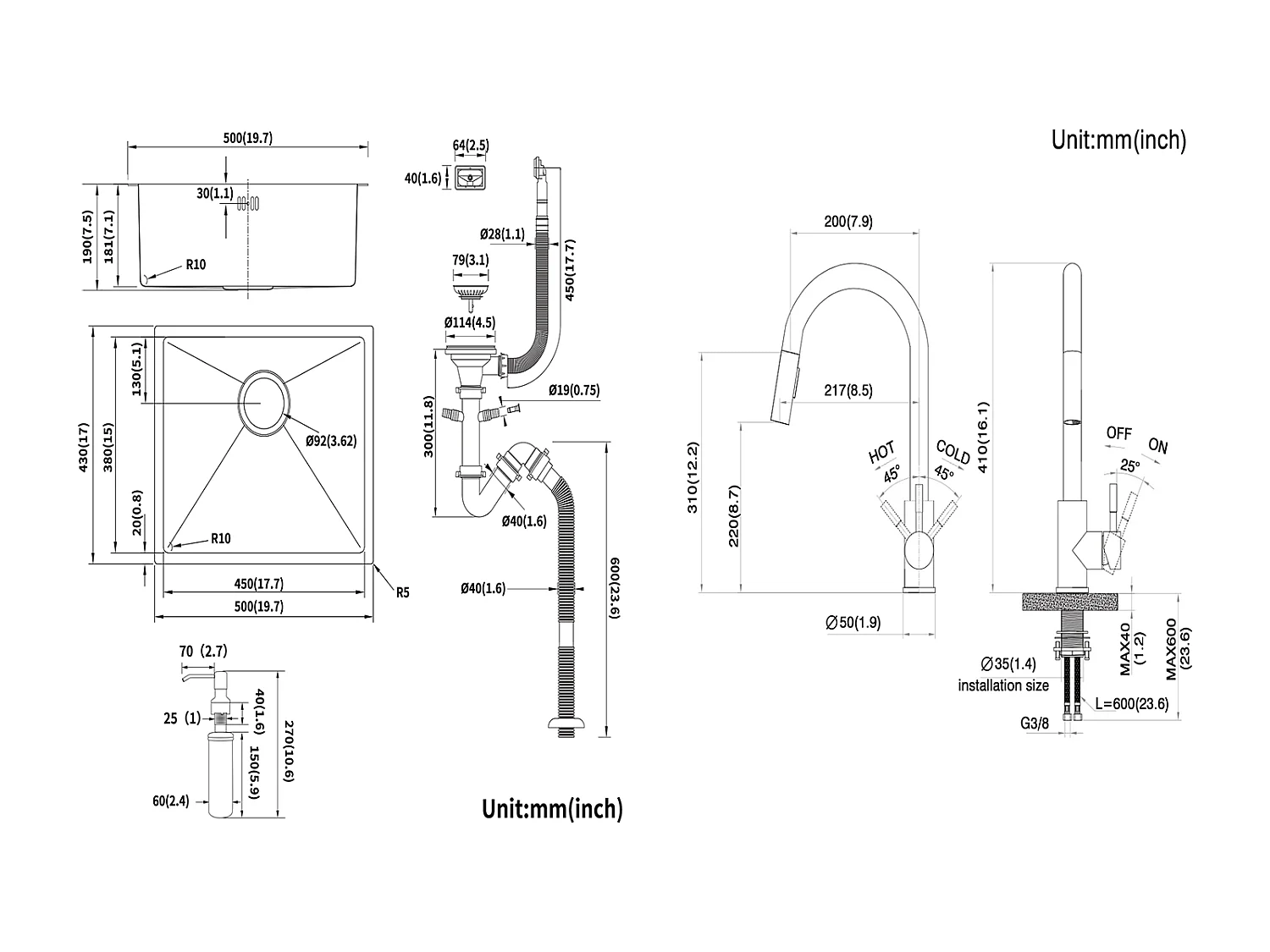 RVS Keukenspoelbak 1 Bak 50*43*18CM met Zeepdispenser+Kran Keukenkraan Uittrekbare Douchekop Donkergrijs 360 ° Draaibaar