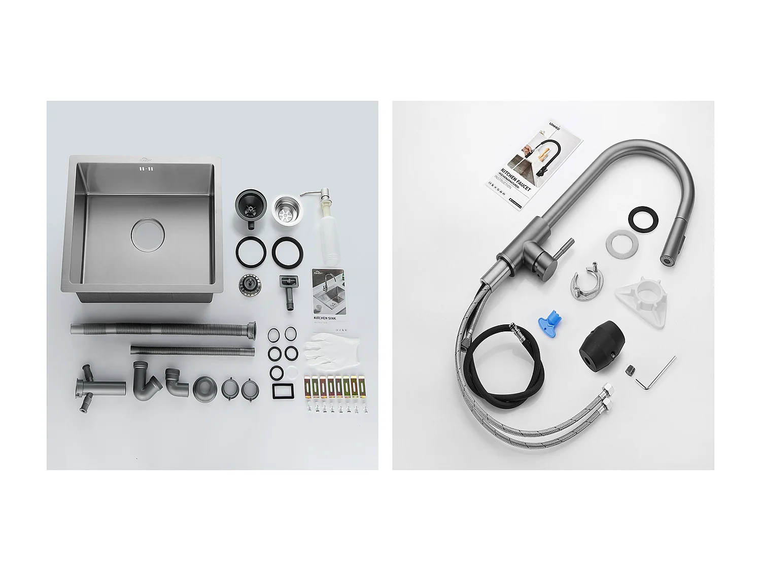 RVS Keukenspoelbak 1 Bak 50*43*18CM met Zeepdispenser+Kran Keukenkraan Uittrekbare Douchekop Donkergrijs 360 ° Draaibaar