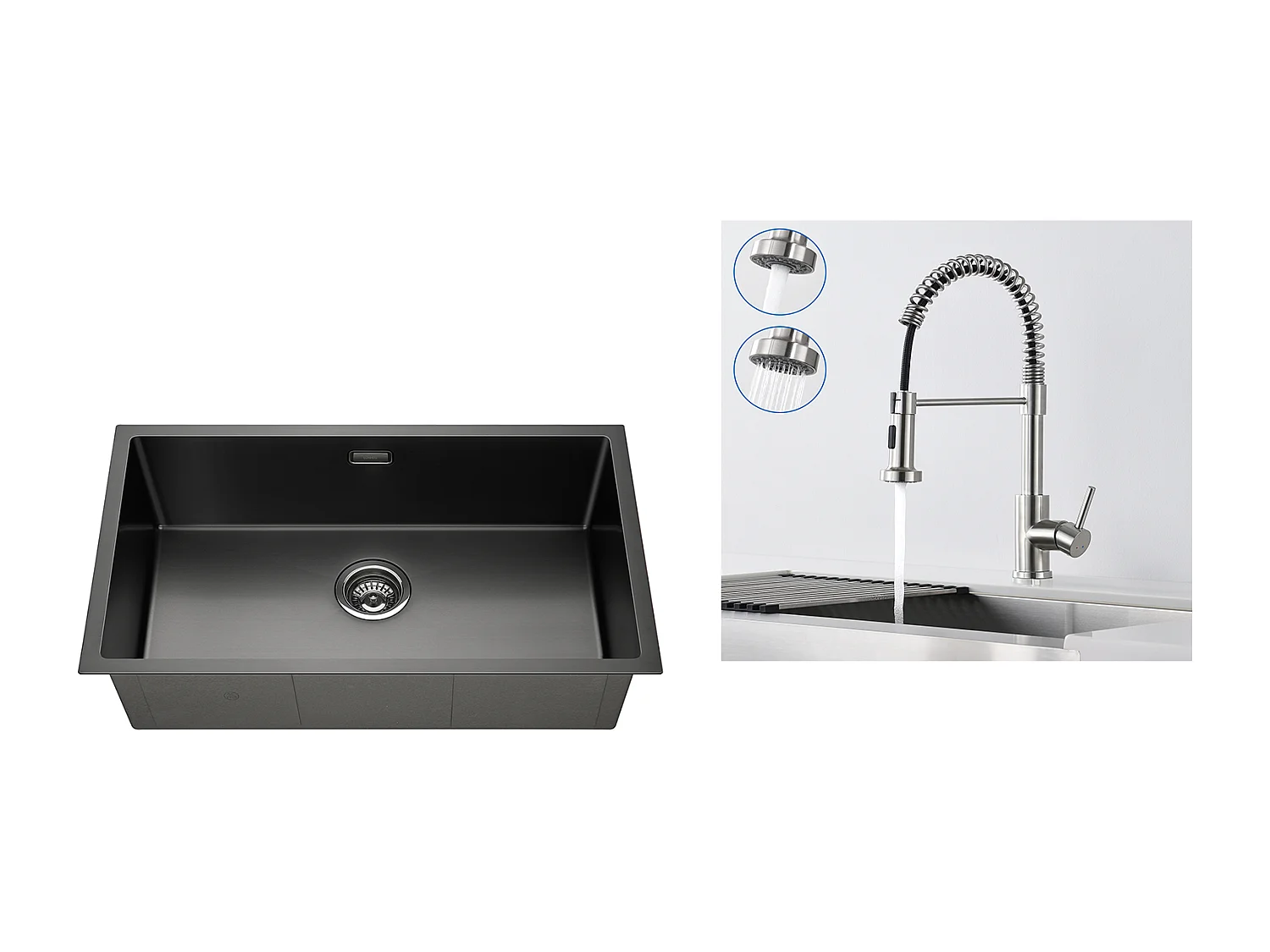 Fregadero Cocina 1 Bandeja 74*44*20CM, con Sifón y Trop-Plein+Grifo Cocina de Resorte con Ducha Extensible,2 Modos, Giratorio a 360°,Cepillado