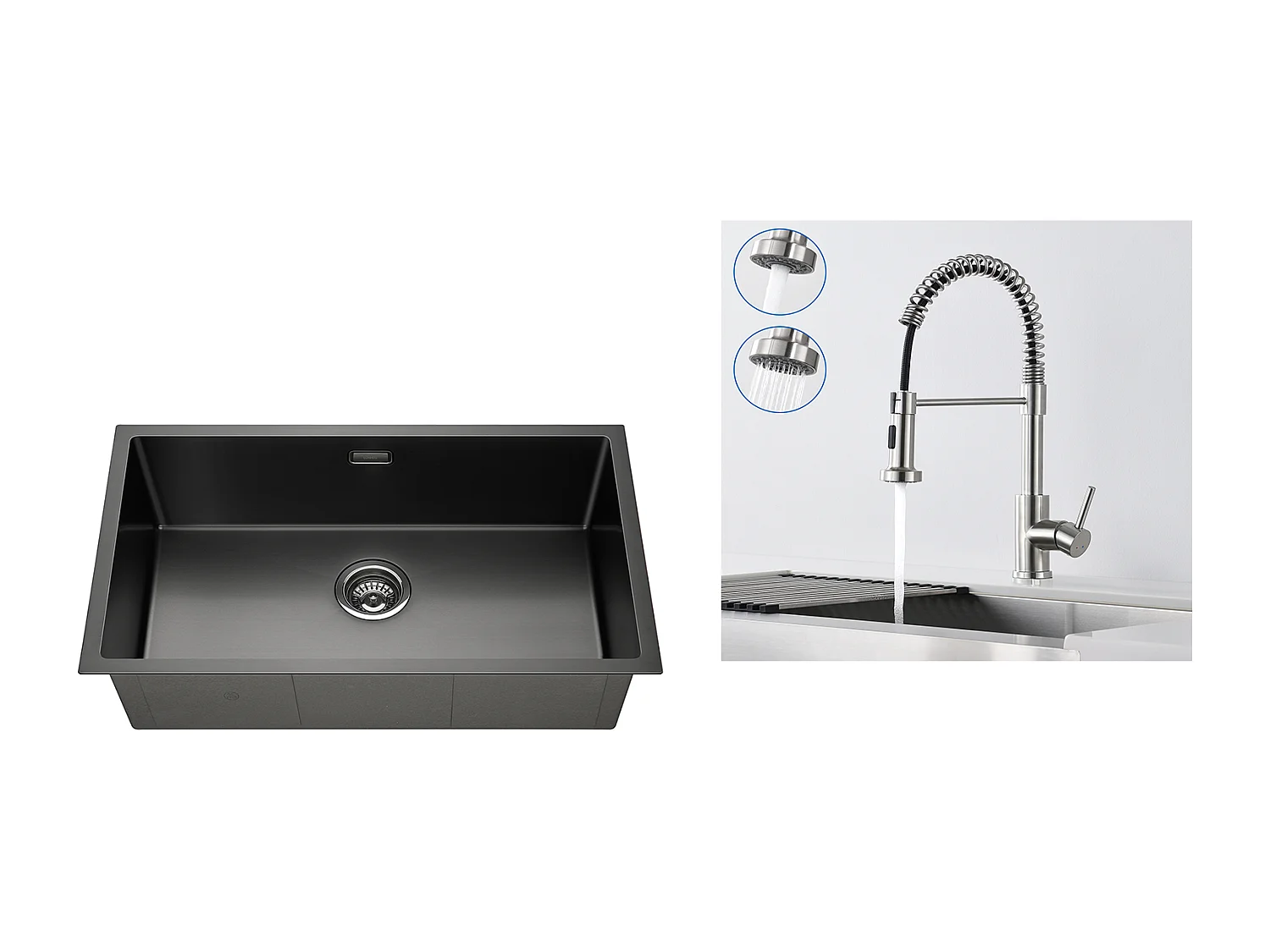 Évier Cuisine 1 Bac 74*44*20CM,avec Siphon et Trop-Plein+Robinet Cuisine à Ressort avec Douchette Extensible,2 Modes, Pivotant à 360°,Brossé