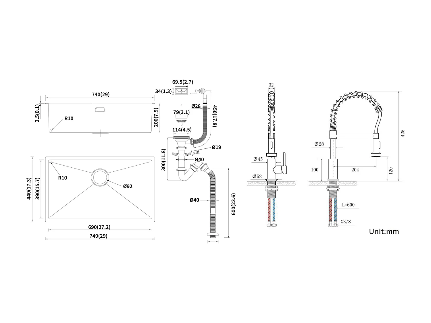 Évier Cuisine 1 Bac 74*44*20CM,avec Siphon et Trop-Plein+Robinet Cuisine à Ressort avec Douchette Extensible,2 Modes, Pivotant à 360°,Brossé