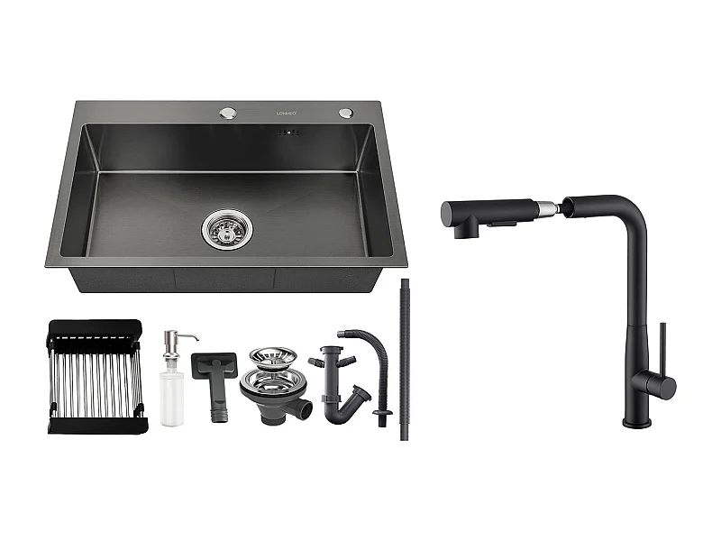 Zwarte Keukengootsteen 68x45x19CM, Zeepverdeler/ Afdruiprek Mand + Keukenkraan, 360° Draaibare Uittrekbare Douche, Warm Koud Water, Zwart