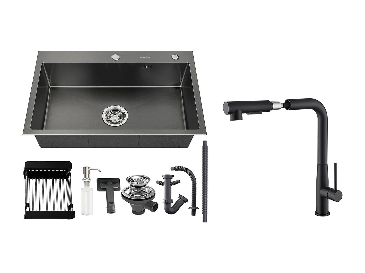 Lavello Cucina Nero 68x45x19CM,Distrubutore sapone/Scolapiatti cestino+Rubinetto Cucina,Doccia Estraibile Rotante 360°,Acca Fredda Calda,Nero