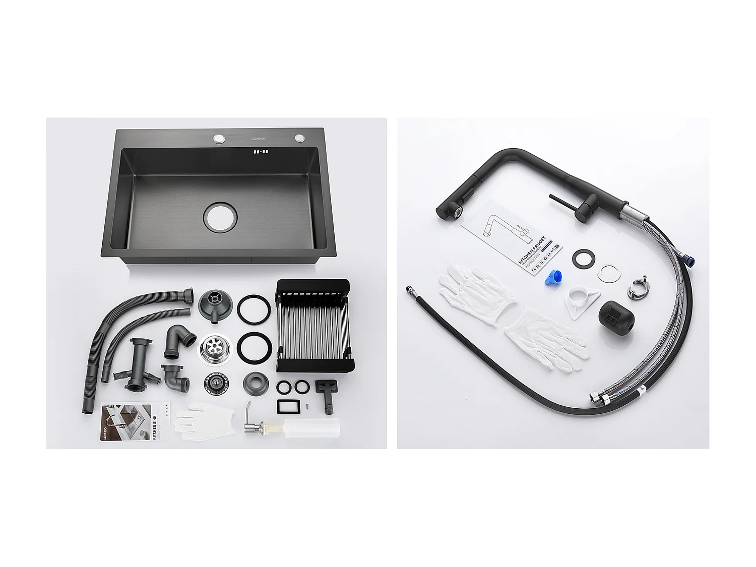 Lavello Cucina Nero 68x45x19CM,Distrubutore sapone/Scolapiatti cestino+Rubinetto Cucina,Doccia Estraibile Rotante 360°,Acca Fredda Calda,Nero