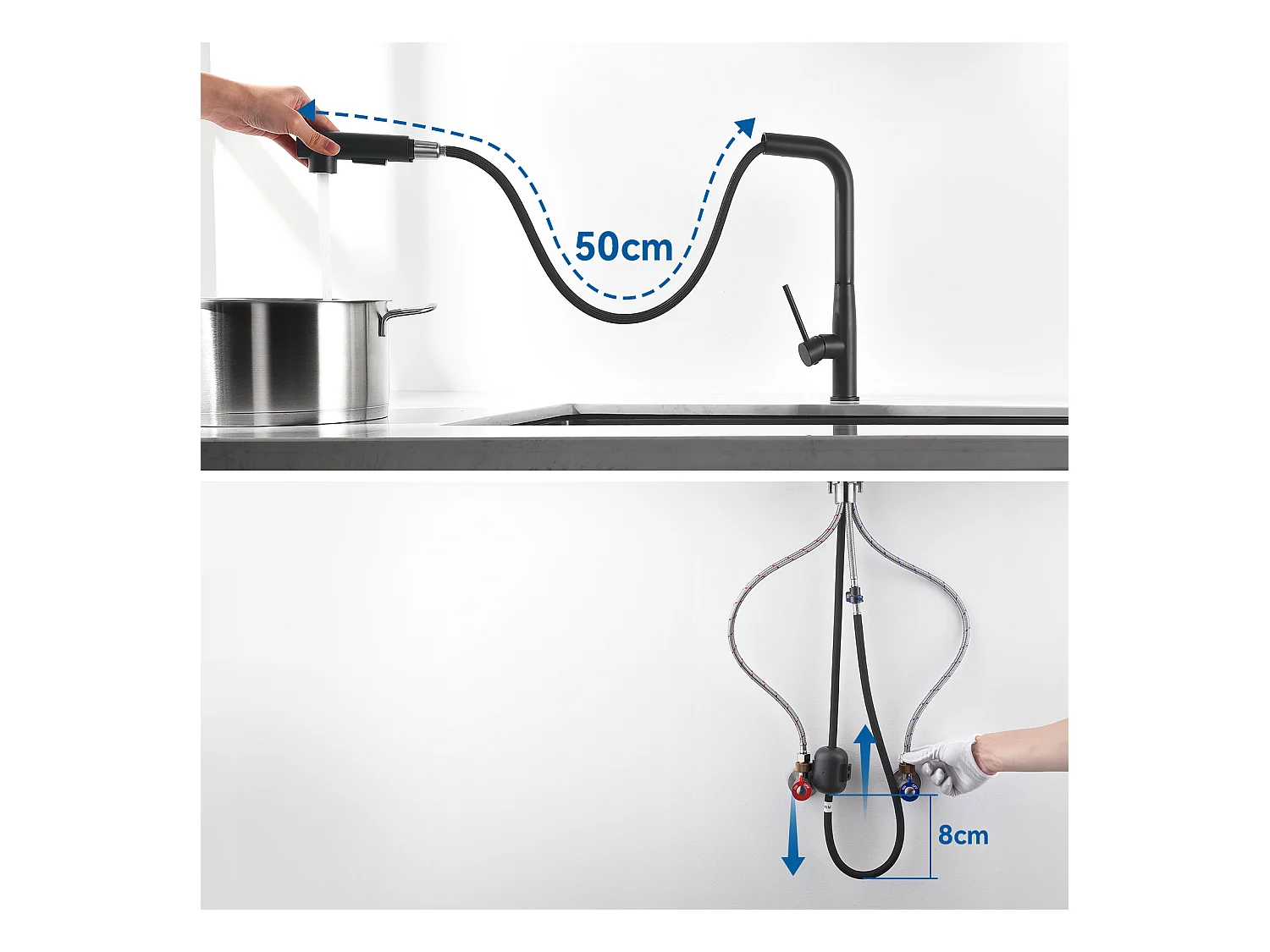 Zwarte Keukengootsteen 68x45x19CM, Zeepverdeler/ Afdruiprek Mand + Keukenkraan, 360° Draaibare Uittrekbare Douche, Warm Koud Water, Zwart