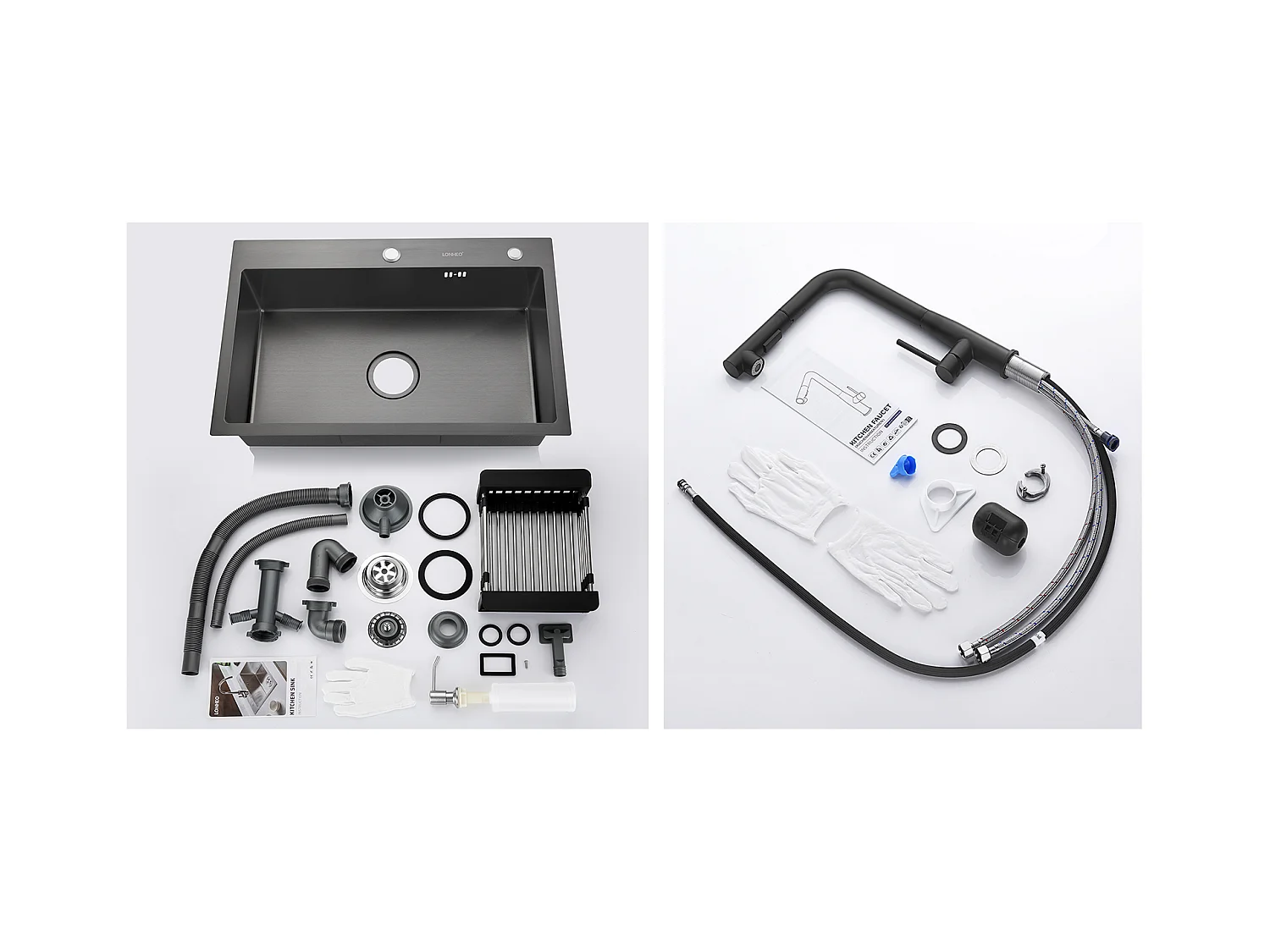 Zwarte Keukengootsteen 68x45x19CM, Zeepverdeler/ Afdruiprek Mand + Keukenkraan, 360° Draaibare Uittrekbare Douche, Warm Koud Water, Zwart