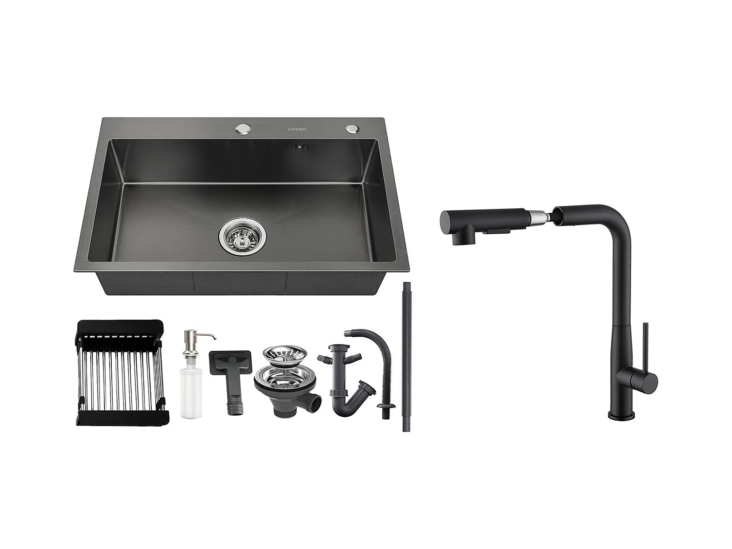 Zwarte Keukengootsteen 68x45x19CM, Zeepverdeler/ Afdruiprek Mand + Keukenkraan, 360° Draaibare Uittrekbare Douche, Warm Koud Water, Zwart