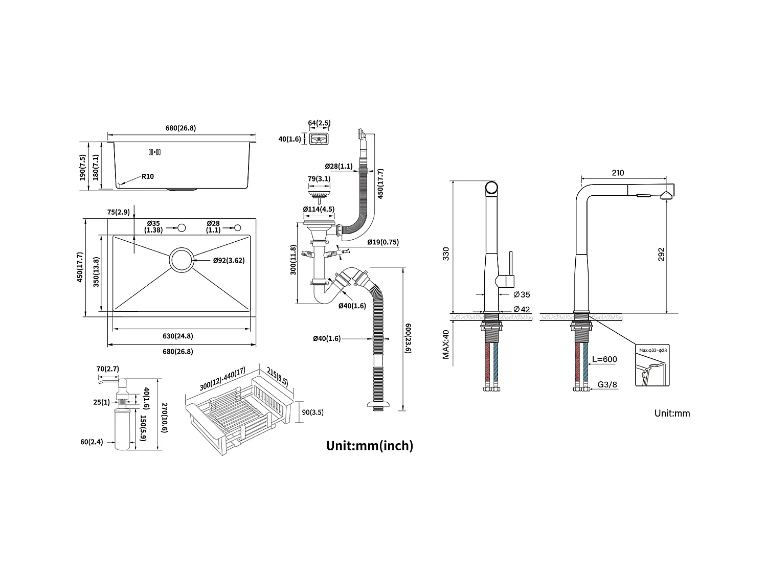 Zwarte Keukengootsteen 68x45x19CM, Zeepverdeler/ Afdruiprek Mand + Keukenkraan, 360° Draaibare Uittrekbare Douche, Warm Koud Water, Zwart