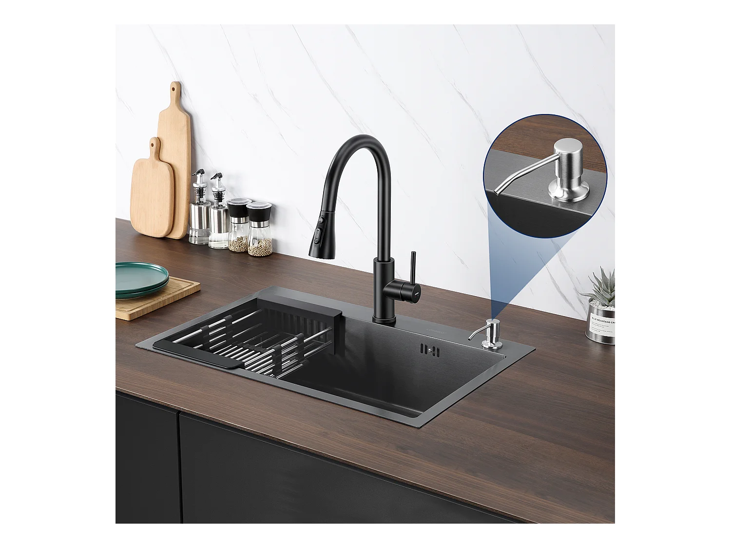 Zwarte Keukengootsteen 68x45x19CM, Zeepverdeler/ Afdruiprek Mand + Keukenkraan, 360° Draaibare Uittrekbare Douche, Warm Koud Water, Zwart