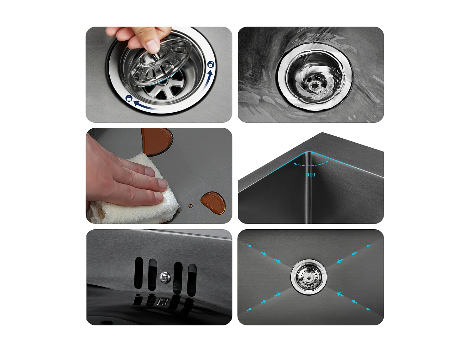 Évier Cuisine Noir 68x45x19CM,Distrubuteur savon/ Égouttoir panier+Robinet Cuisine,Douchette Extractible Rotatif 360°,Eau Froide Chaude ,Noir