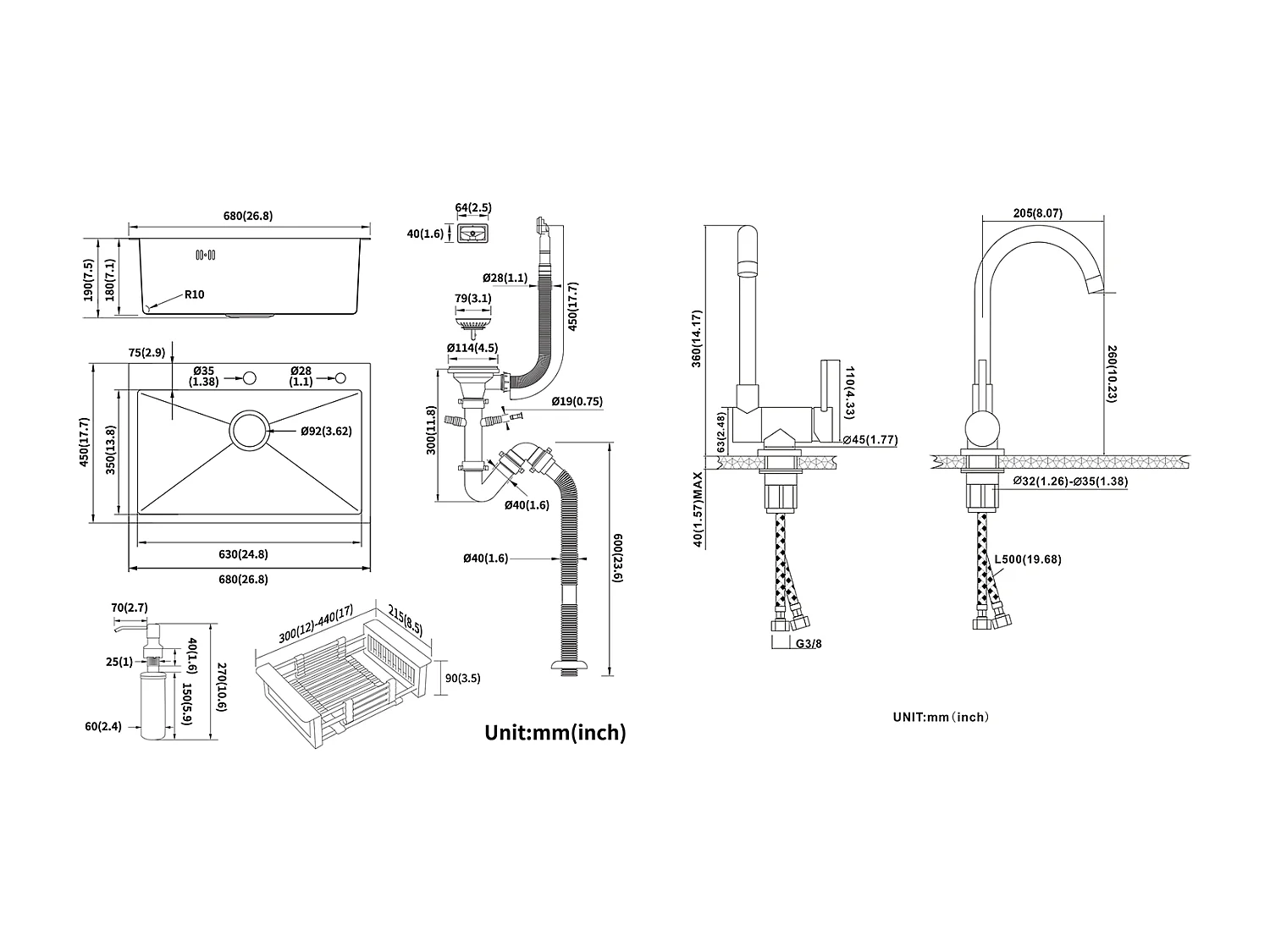 Lonheo Max Évier de Cuisine Noir 68x45x19CM avec Distrubuteur de savon et Égouttoir panier +Mitigeur Cuisine en Acier Inox 304 Rabattable Pivotant
