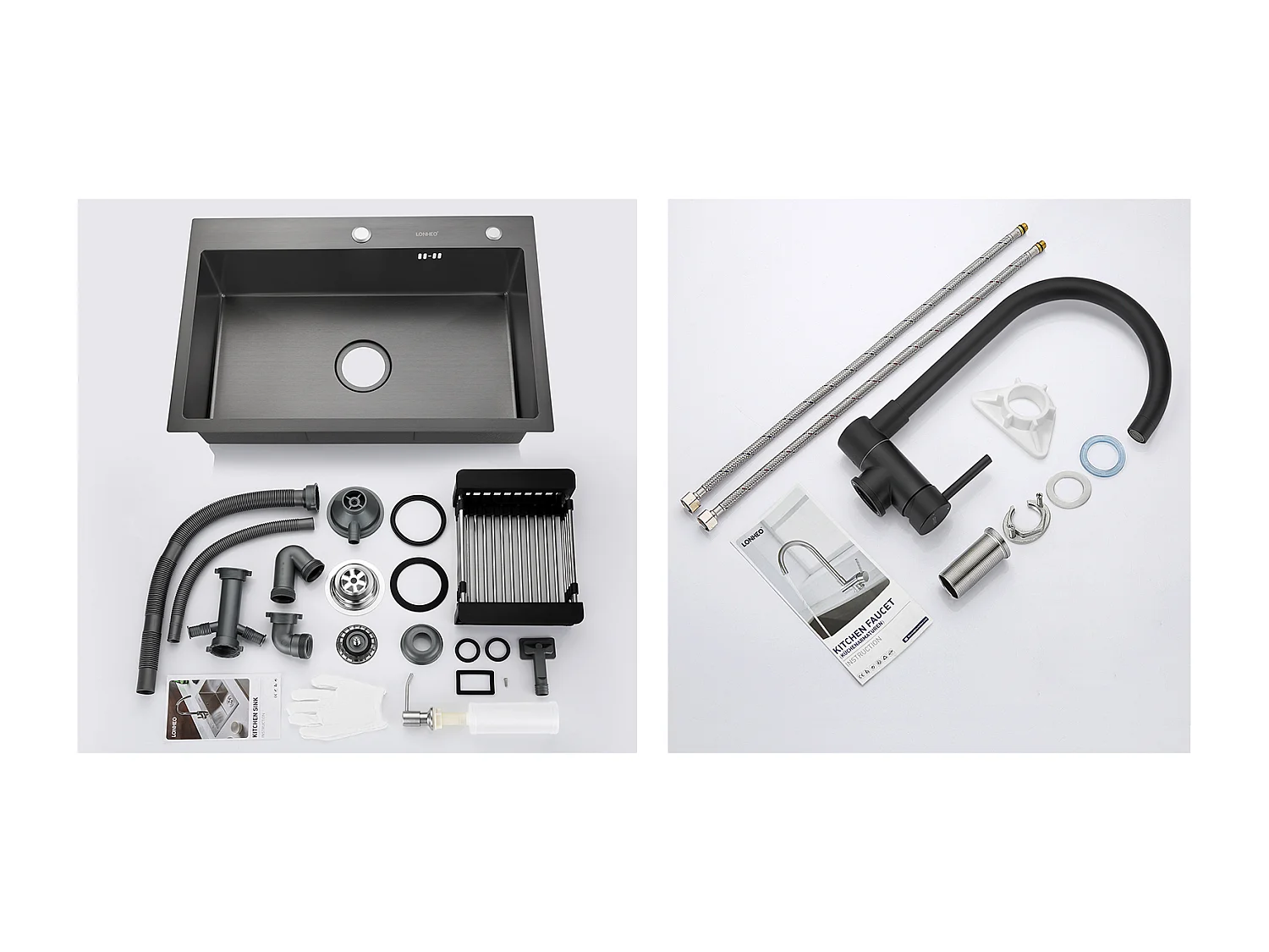Lonheo Max Évier de Cuisine Noir 68x45x19CM avec Distrubuteur de savon et Égouttoir panier +Mitigeur Cuisine en Acier Inox 304 Rabattable Pivotant