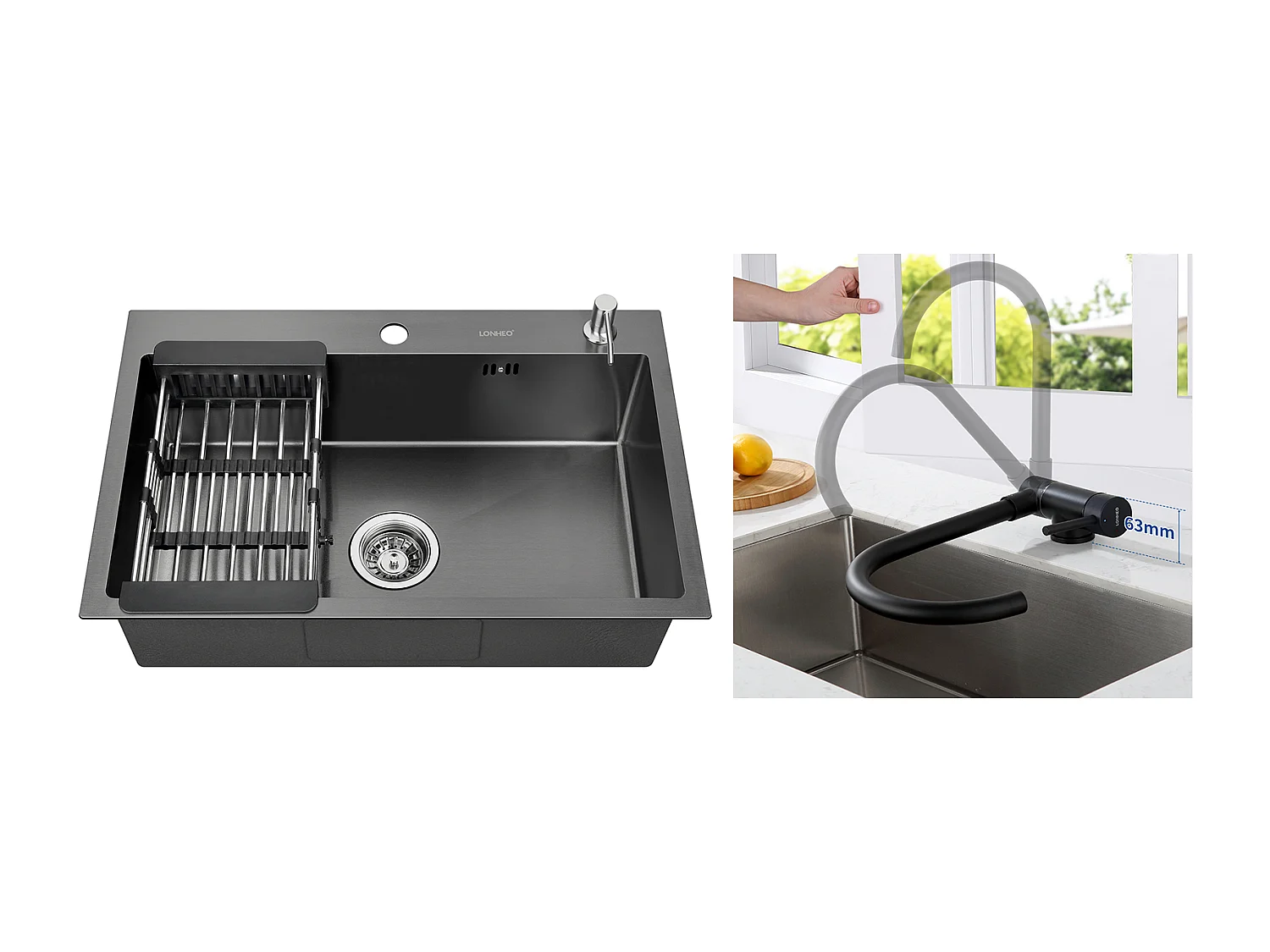 Lonheo Max Évier de Cuisine Noir 68x45x19CM avec Distrubuteur de savon et Égouttoir panier +Mitigeur Cuisine en Acier Inox 304 Rabattable Pivotant