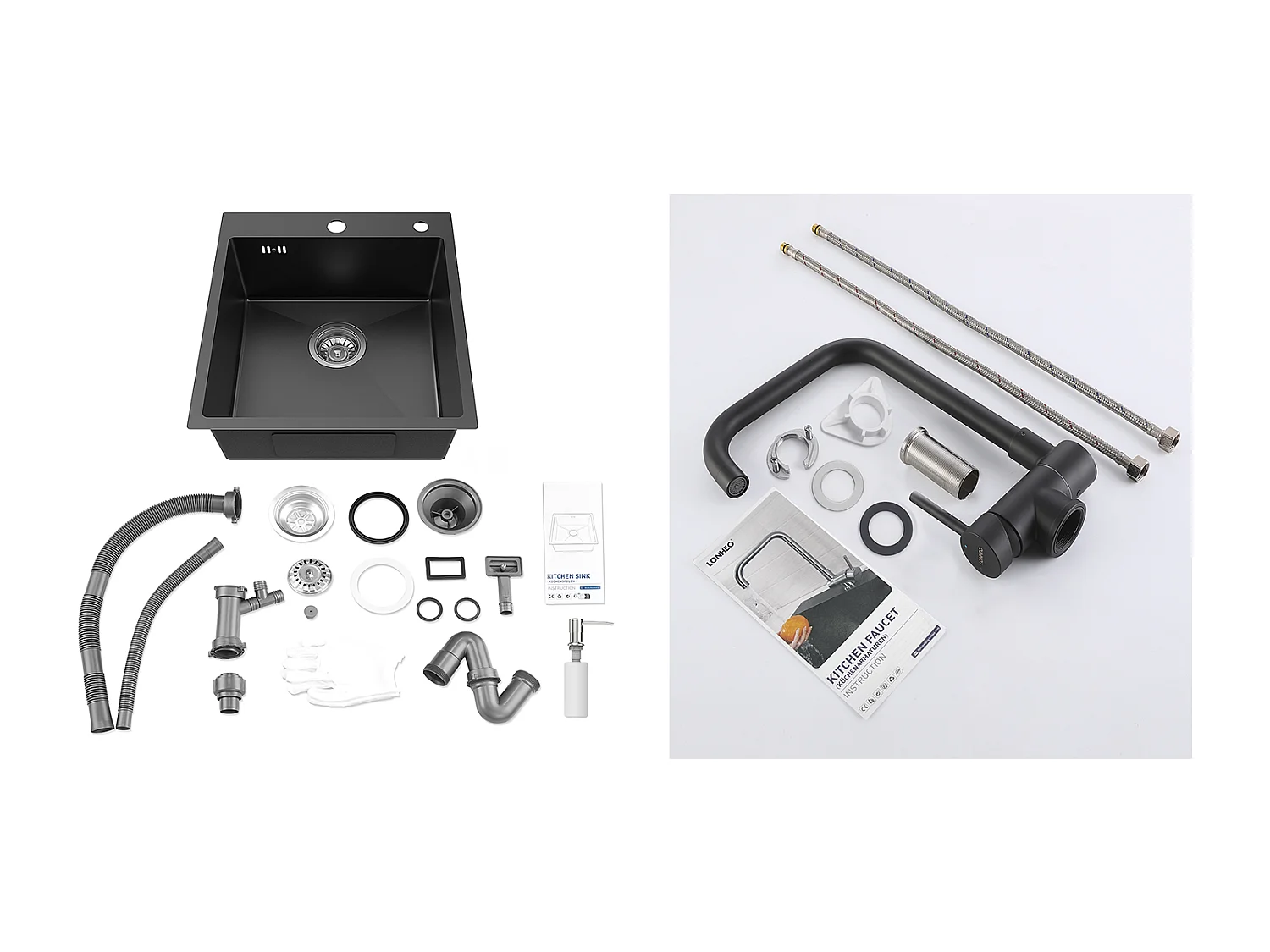 Aanrecht 1 Bak Zwart, RVS, 44*49*20 CM, Met Zeepdispenser+MiTigeur Keuken Omklapbaar Draaibaar 360° Koud Water Warm, Zwart