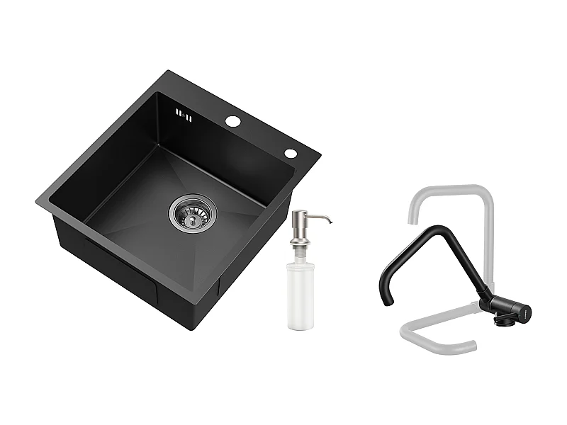 Évier de Cuisine 1 Bac Noir,Inox,44*49*20 CM,avec Distributeur de Savon+Mitigeur Cuisine Rabattable Pivotant 360° Eau froid Chaud,Noir