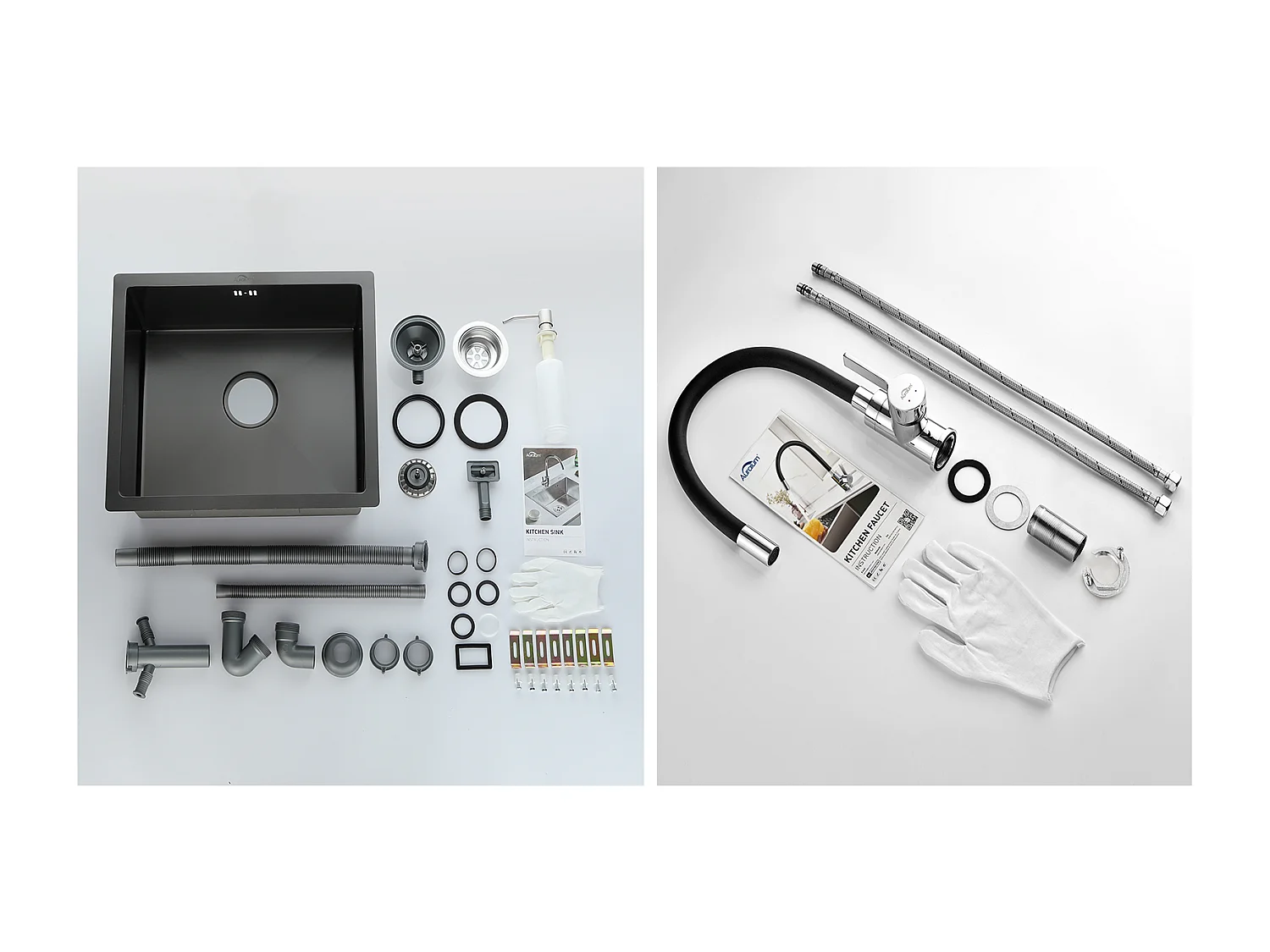 Évier Noir 1 Bac 50x43x18,5CM,avec Distrubuteur de savon++Robinet de Cuisine Flexible Bec Haut Orientable