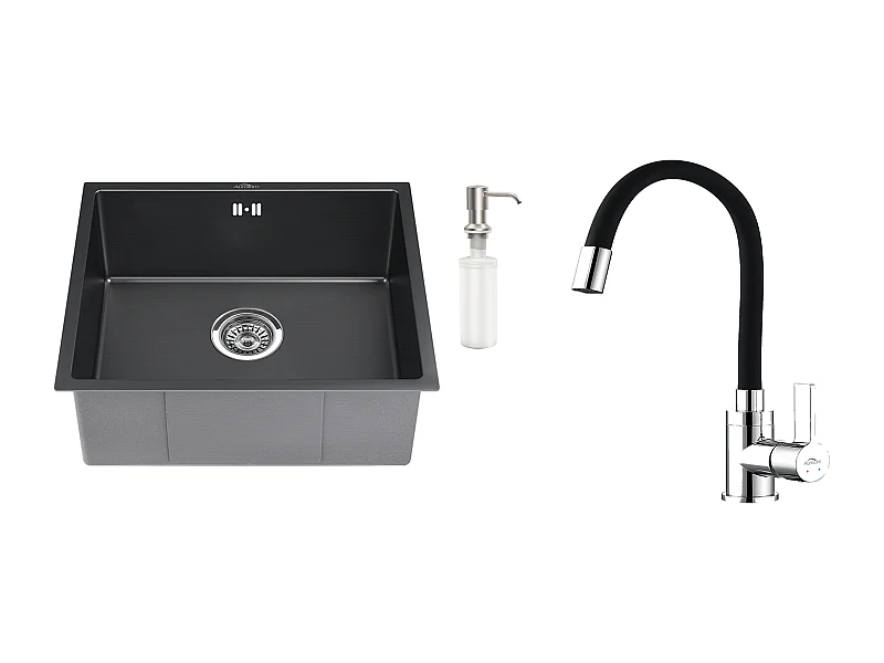 Évier Noir 1 Bac 50x43x18,5CM,avec Distrubuteur de savon++Robinet de Cuisine Flexible Bec Haut Orientable