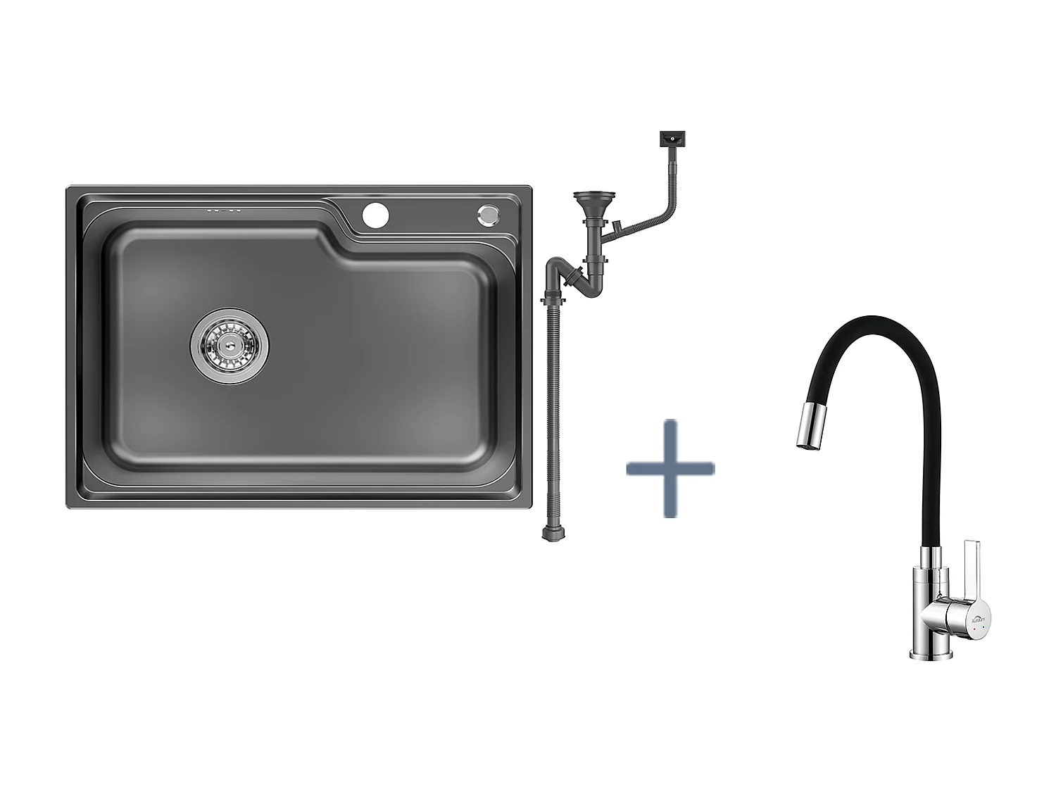 Auralum Max Évier Cuisine 1 Bac 62*45*21CM,en Inox PVD Nano Vasque à Poser,Noir+Mitigeur Évier avec Bec Flexible,Robinet de Cuisine Rabattable