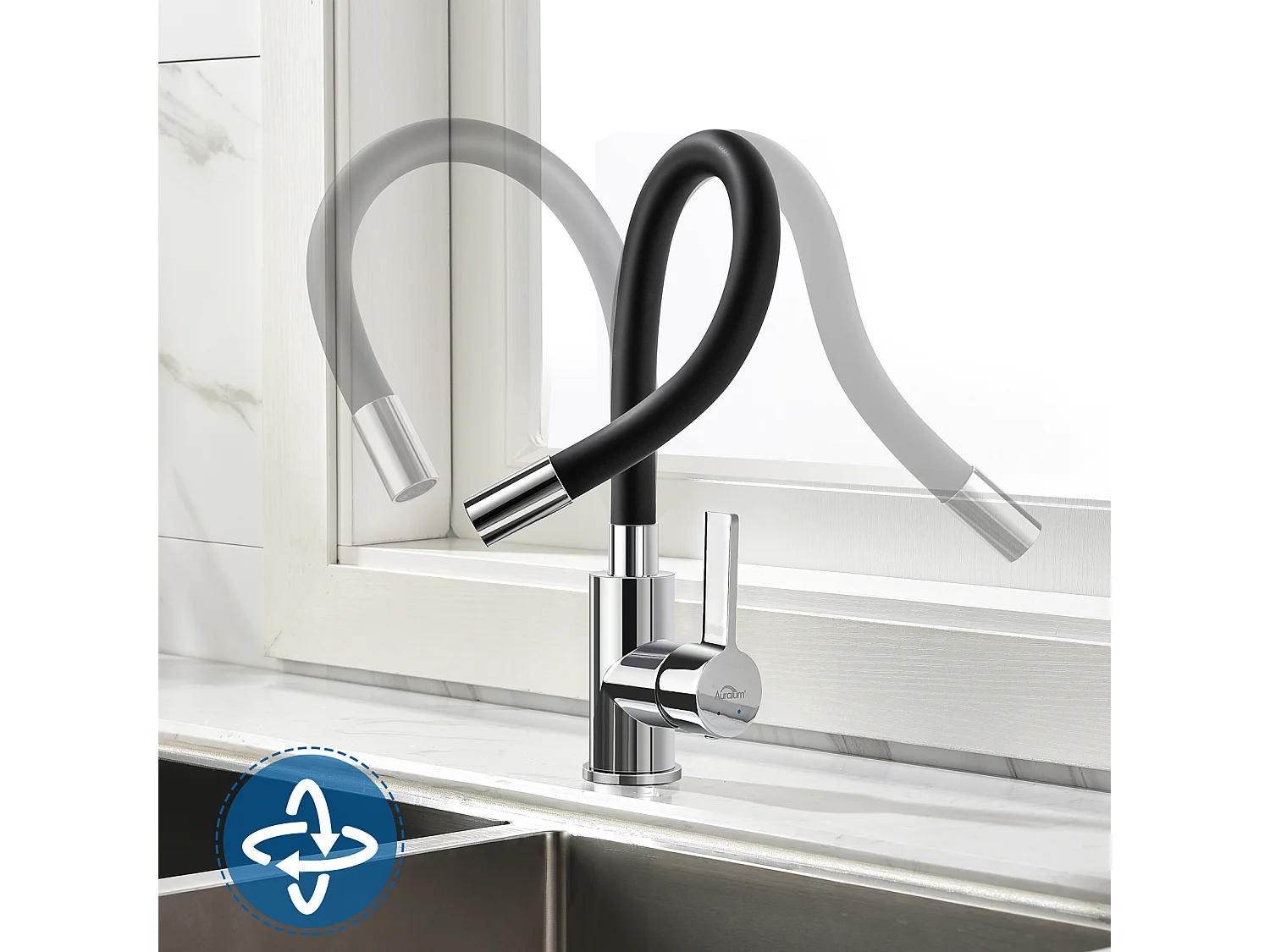 Auralum Max Évier Cuisine 1 Bac 62*45*21CM,en Inox PVD Nano Vasque à Poser,Noir+Mitigeur Évier avec Bec Flexible,Robinet de Cuisine Rabattable