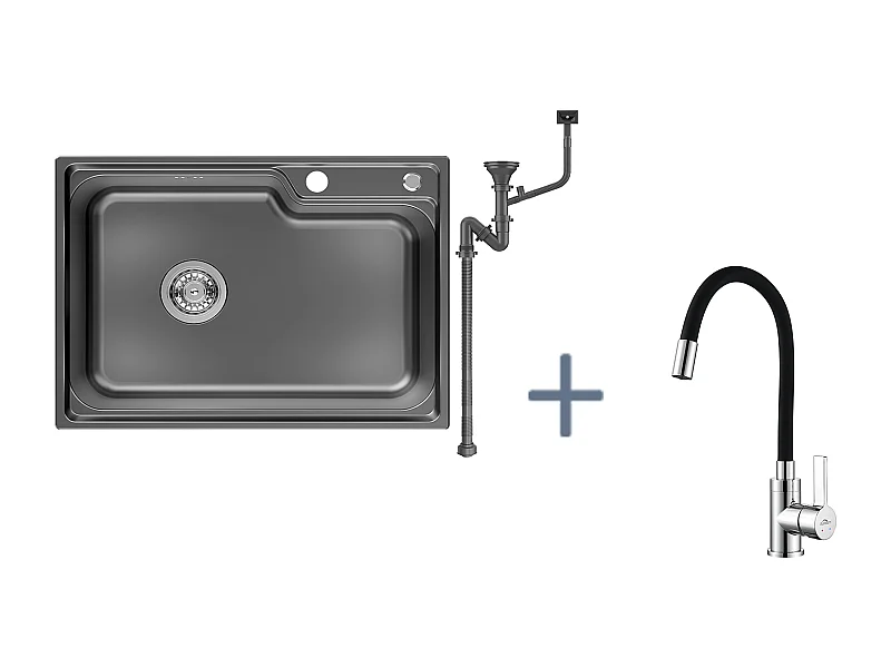 Auralum Max Aanrecht 1 Bak 62*45*21CM, RVS PVD Nano Wastafel, Zwart+ Wastafelmengkraan met Flexibele Uitloop, Opklapbare Keukenkraan